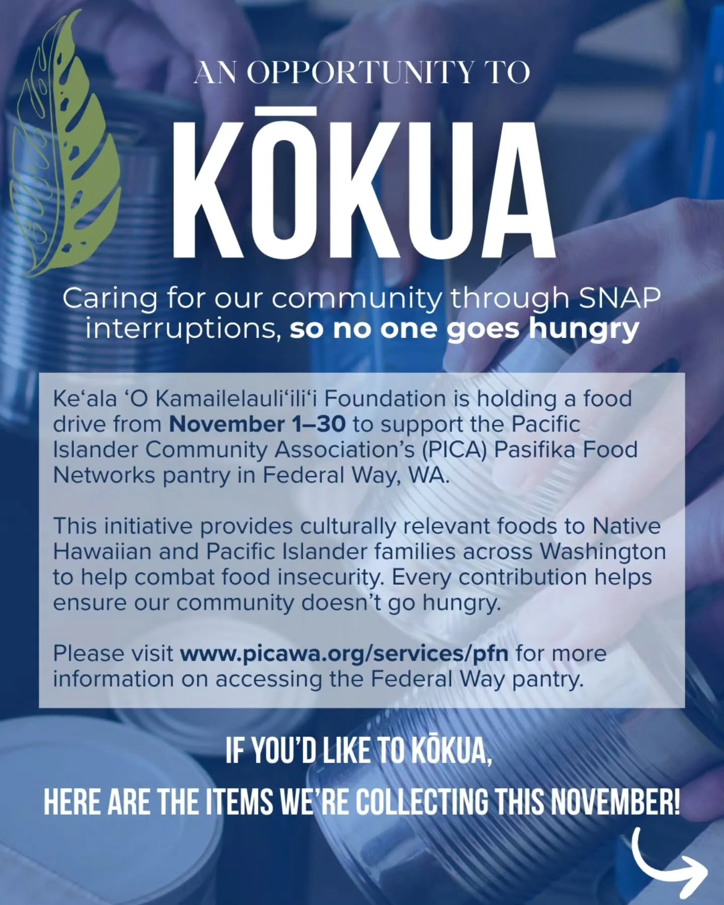 Caring for our community is at the heart of being Hawaiian &mdash; showing aloha, sharing what we have, and lifting up one another. 💛

Throughout the month of November, we&rsquo;re holding a food drive to support the @picawashington Federal Way pant