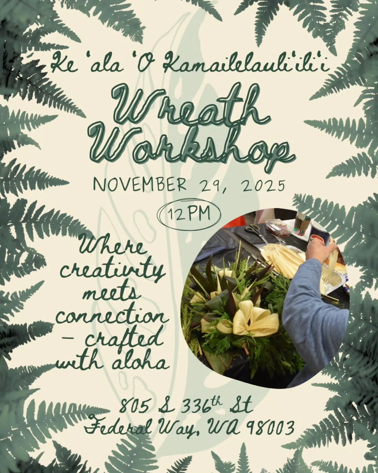 Save the date and come gather at hālau. 🌺
Together we&rsquo;ll celebrate the abundance of the ʻāina &mdash;
creating with gratitude, crafting with aloha.

As the season of giving and light draws near,
we&rsquo;ll weave nature&rsquo;s gifts into wrea