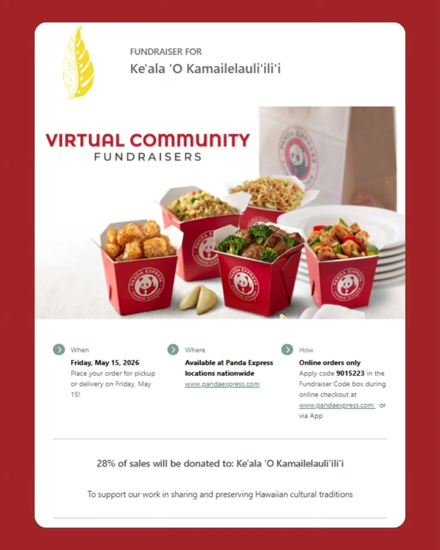 Join us this FRIDAY, MAY 15th for our Virtual Panda Express Fundraiser! 

Support hālau while enjoying a delicious meal 

✨ Valid at ANY Panda Express nationwide
✨ Friends &amp; family in Washington, Hawaiʻi and across the continent can participate
✨