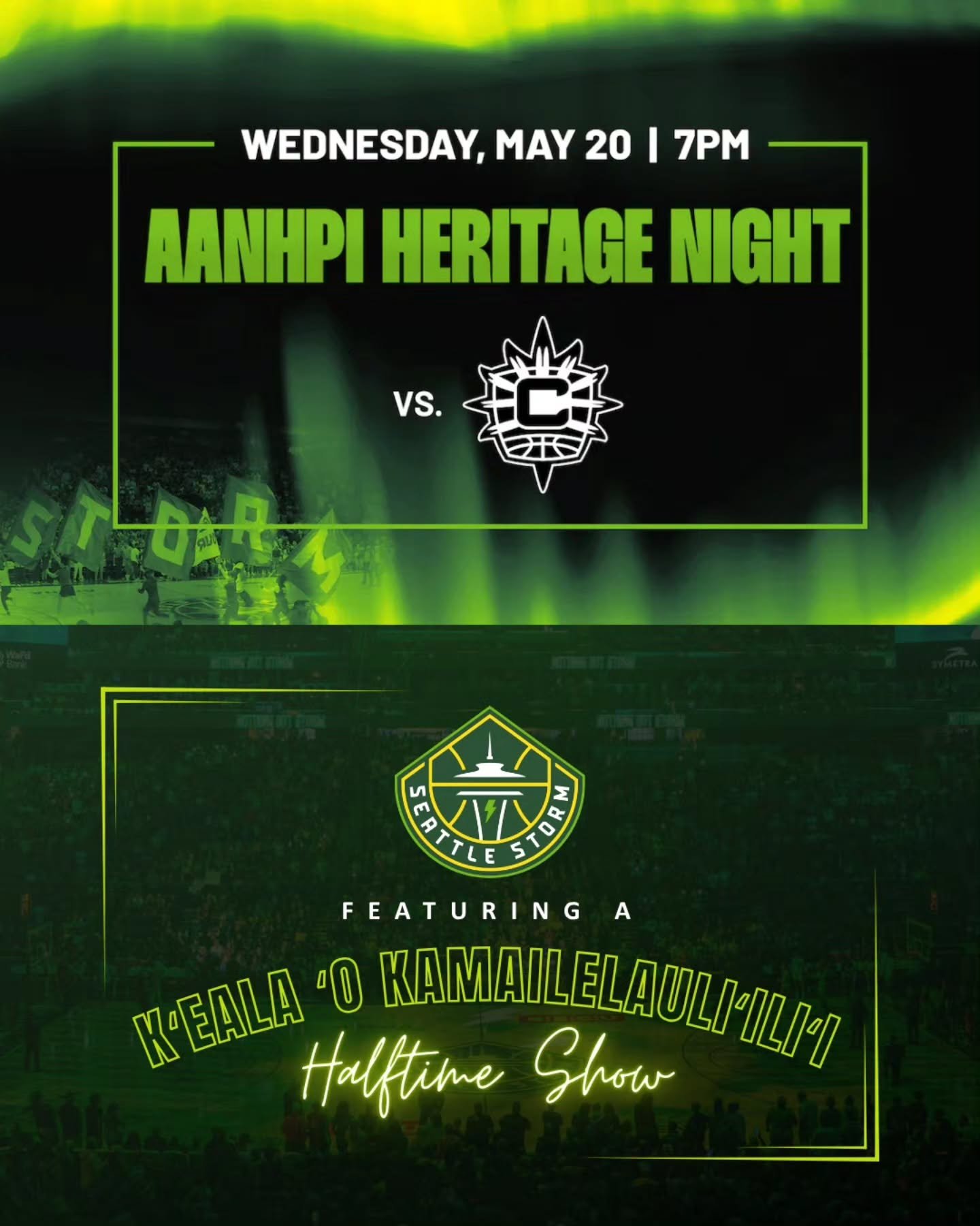 Great things are happening. 

Celebrate AANHPI Heritage Month with us on Wednesday, May 20 at 7 PM as the Seattle Storm take on the Connecticut Sun.

💚💛💚

Don&rsquo;t miss a special halftime performance by the wāhine of Keʻala ʻO Kamailelauliʻiliʻ