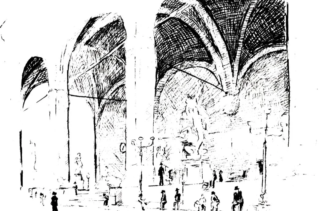 Sketch of an indoor market or public space with people walking and standing beneath high arched ceilings.