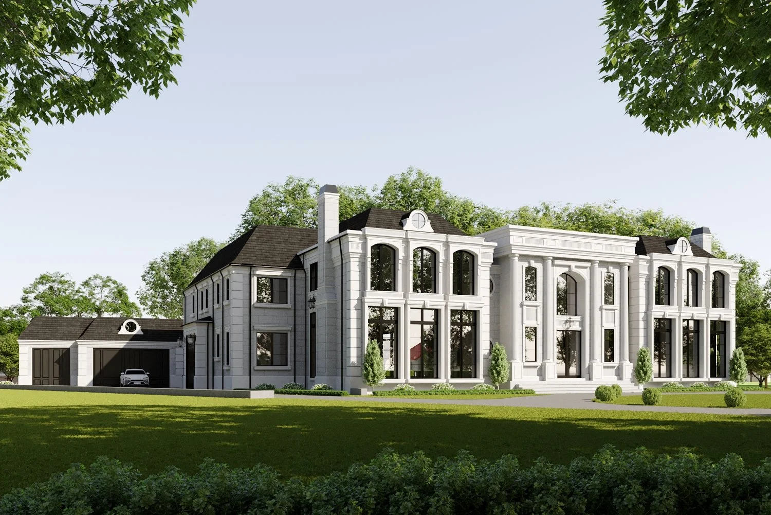 A large, elegant Tanglewood white mansion with classical architectural details, surrounded by a well-landscaped lawn and trees.
