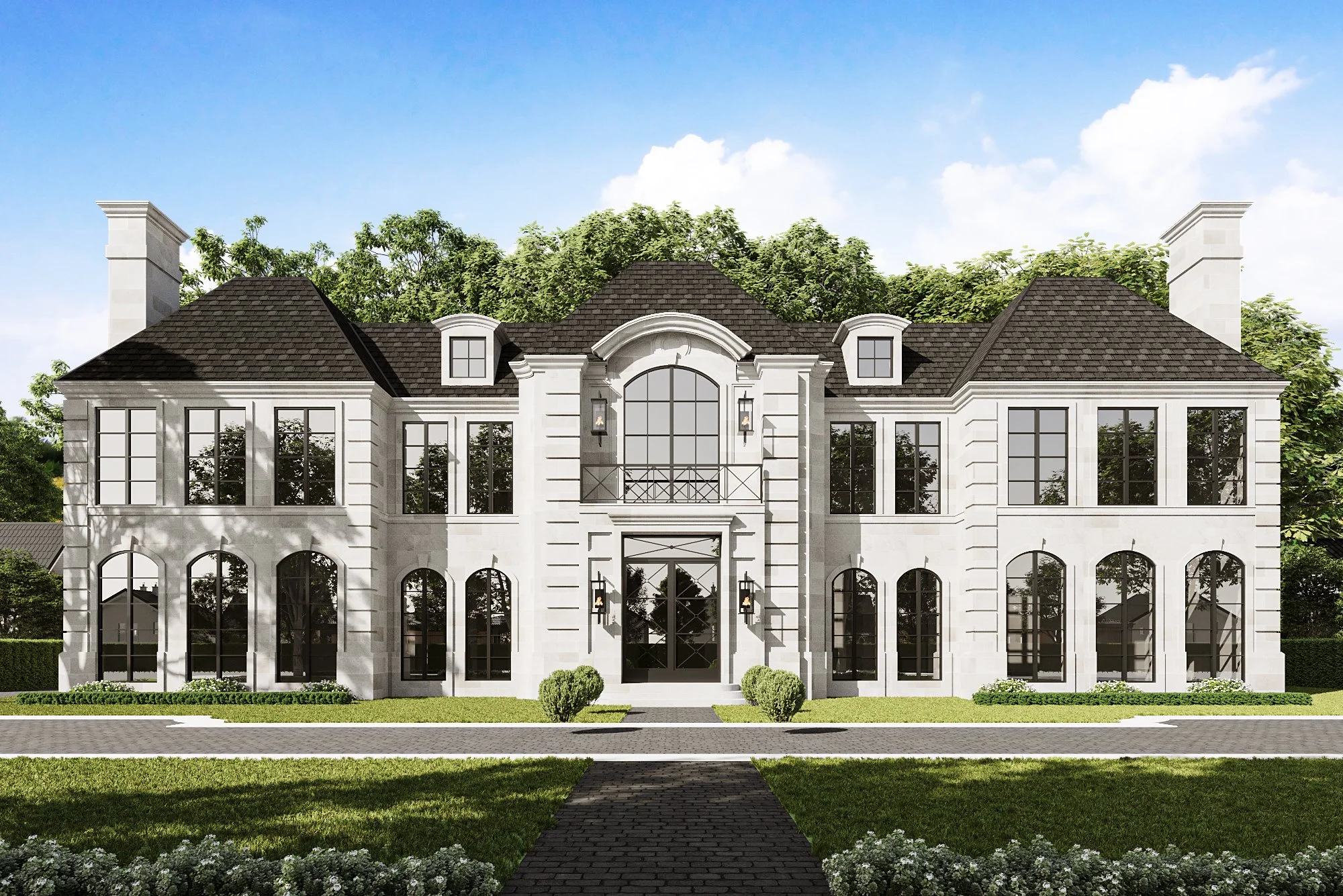Front view of a large, white, two-story mansion with multiple windows, a central balcony, and a dark shingled roof, surrounded by well-maintained lawn and trees.