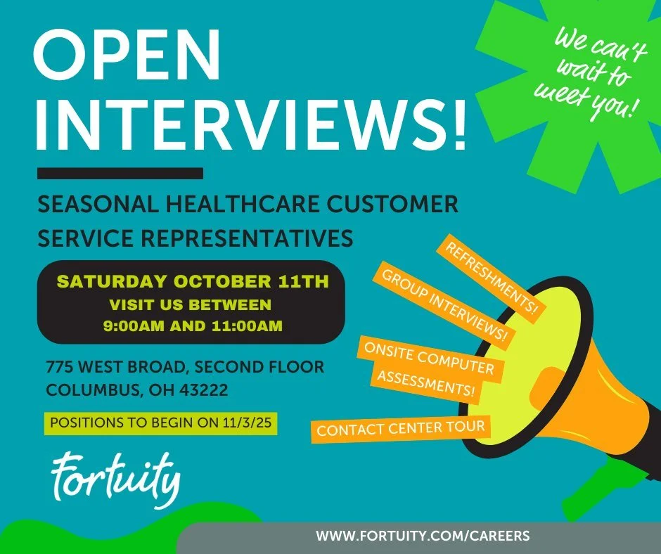 🎉 We&rsquo;re Hiring &mdash; Open Interviews at Fortuity! 🎉

Looking to kick off a new opportunity before the holidays? Fortuity is holding Open Interviews for Seasonal Healthcare Customer Experience Representatives starting November 3rd! 🌟

Join 