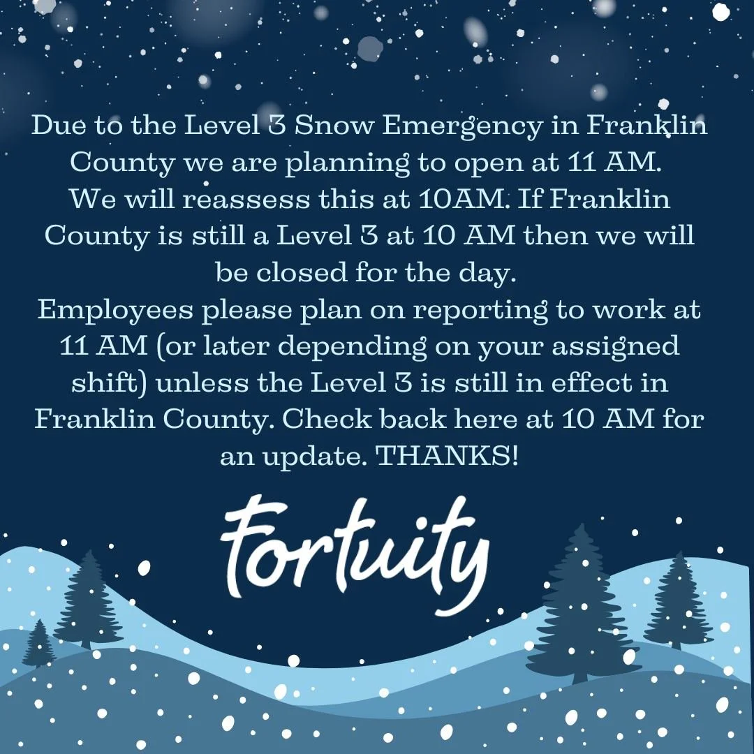 Good morning, Columbus! Due to the Level 3 Snow Emergency in Franklin County we are planning to open at 11 AM. We will reassess this at 10AM. If Franklin County is still a Level 3 at 10 AM then we will be closed for the day. Employees please plan on 