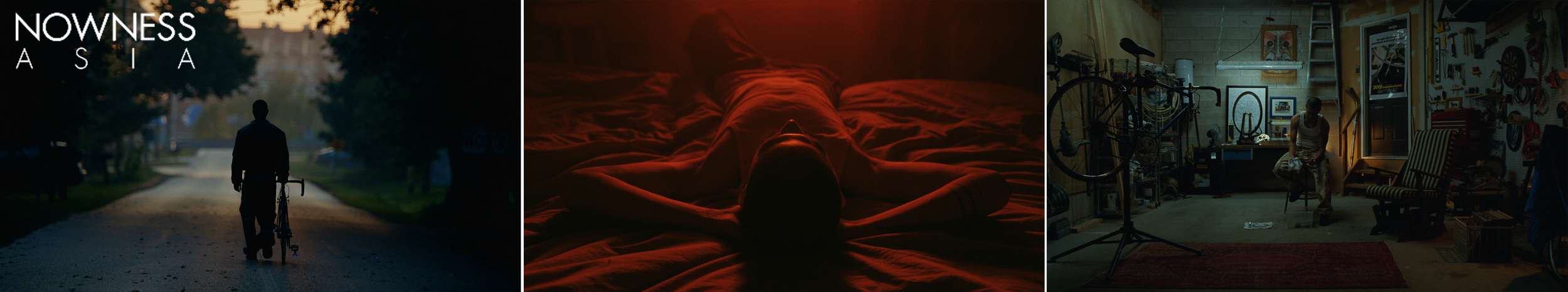 Triptych of three scenes: a person walking a bicycle on a tree-lined street at dusk, a person lying on a bed with arms outstretched in dim lighting, and a person sitting in a cluttered workshop or garage.