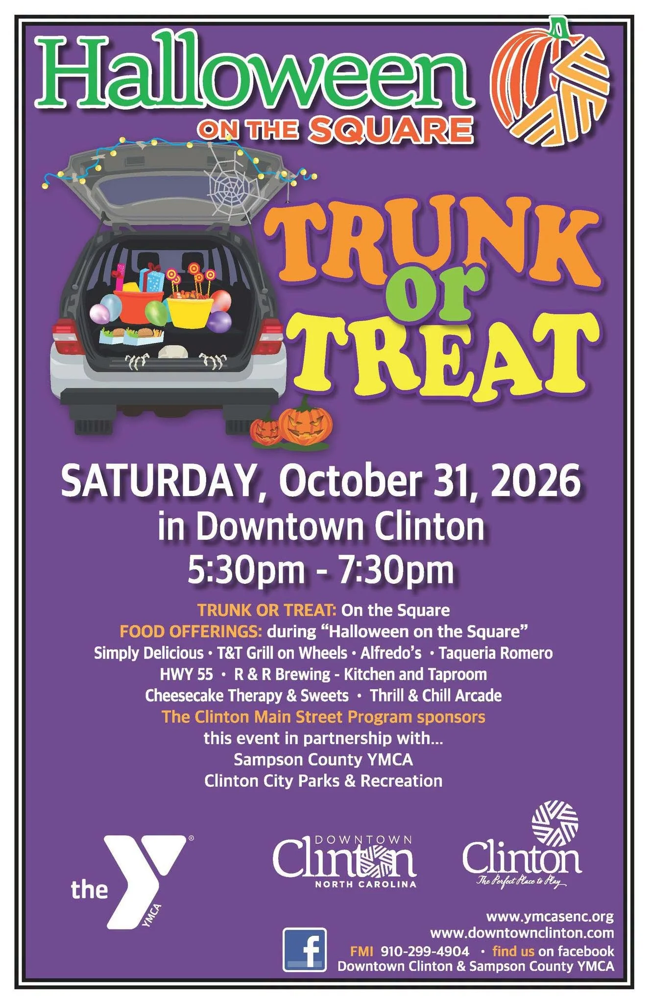 Halloween on the Square 2026 event flyer featuring Trunk or Treat in Downtown Clinton, NC, on Saturday, October 31, from 5:30–7:30 PM.