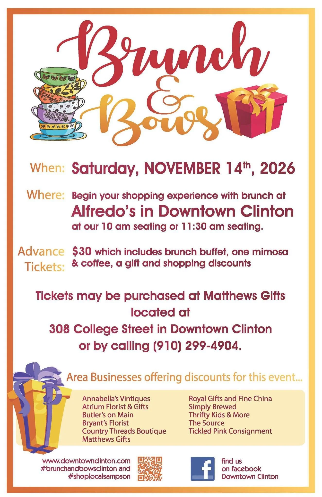 Brunch & Bows 2026 event poster for Downtown Clinton, NC, featuring a holiday shopping event on November 14 with brunch at Alfredo’s, exclusive local shopping discounts, and festive gifts.