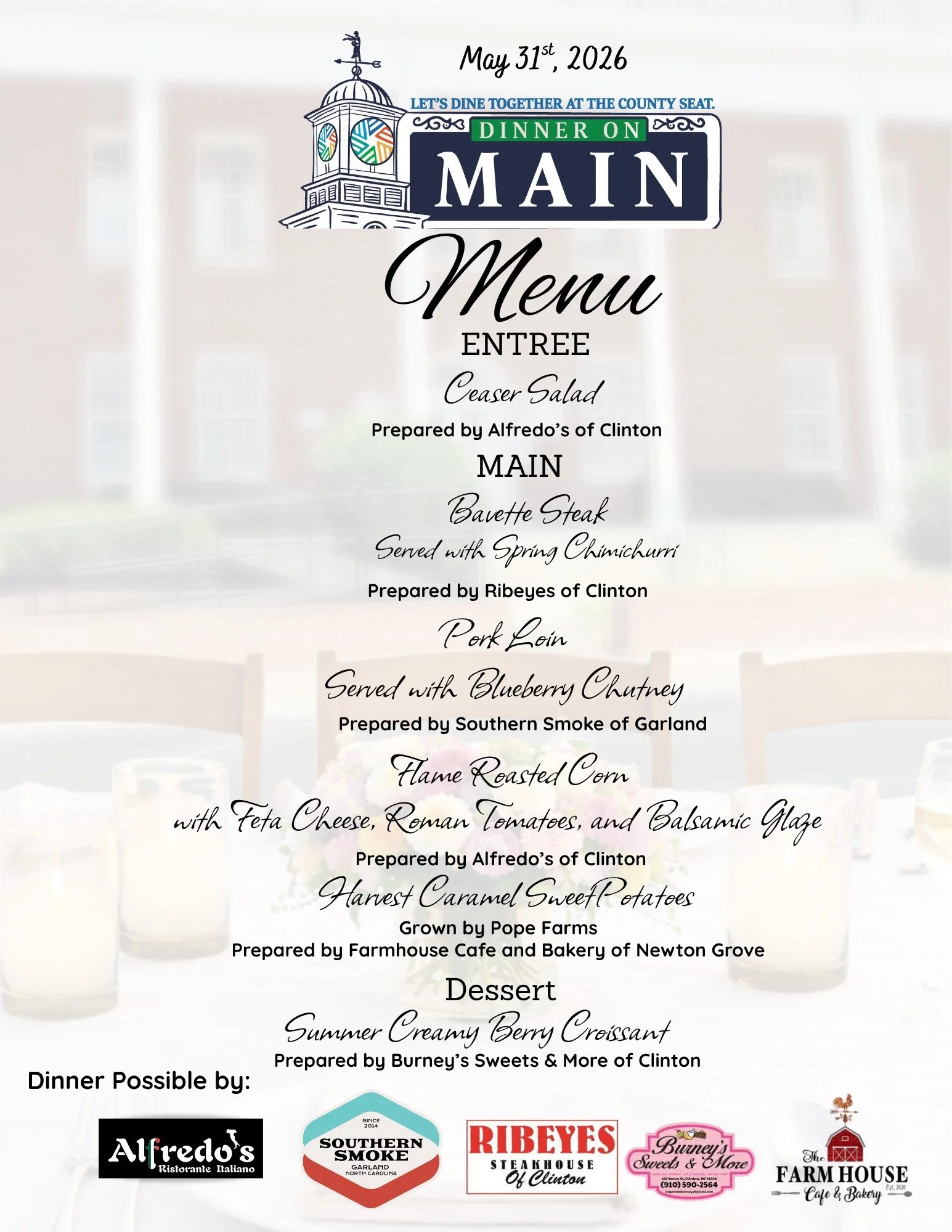 Menu for the evening including appetizer, salad, mains and more