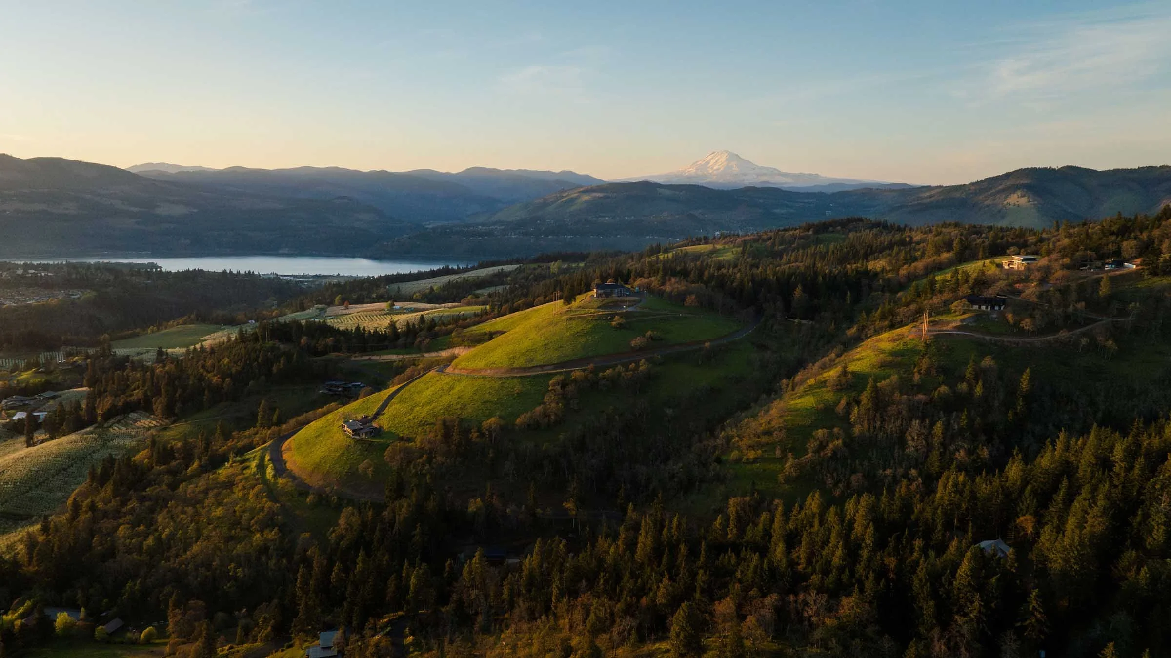 Aerial of the hood river valley and Mt Adams