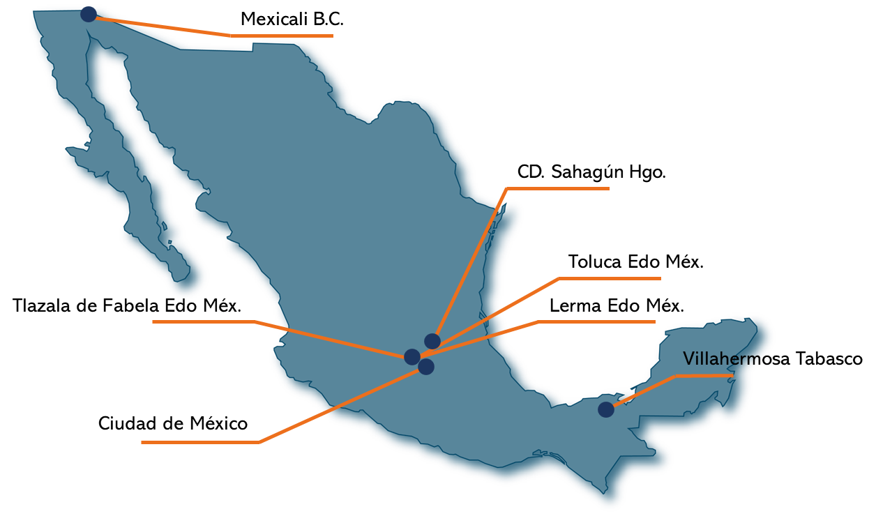 Mapa de México en el que se destacan principales localidades de pruebas vehiculares del Laboratorio Data Kinetica.