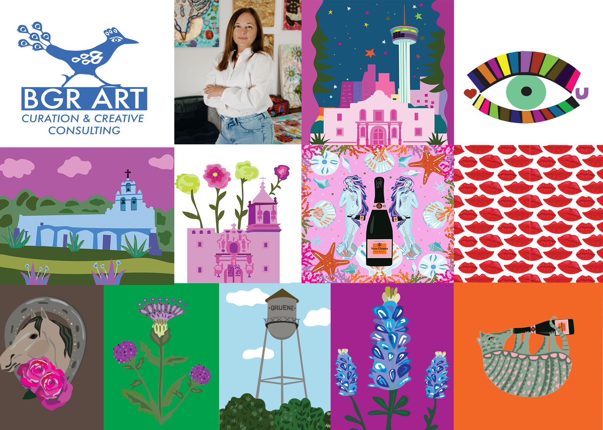 A collage of twelve images including a logo for BGR Art with a peacock, a woman standing with arms crossed in an art gallery, colorful artistic illustrations of buildings and nature scenes, an eye with rainbow colors, a pattern of red lips, a horse with pink roses, a purple flower, a water tower labeled 'GRUENE,' a cluster of blue flowers, a woman with a camera, and a tabby cat with a camera.