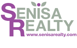 Senisa Realty logo with purple and gray text and a leaf motif