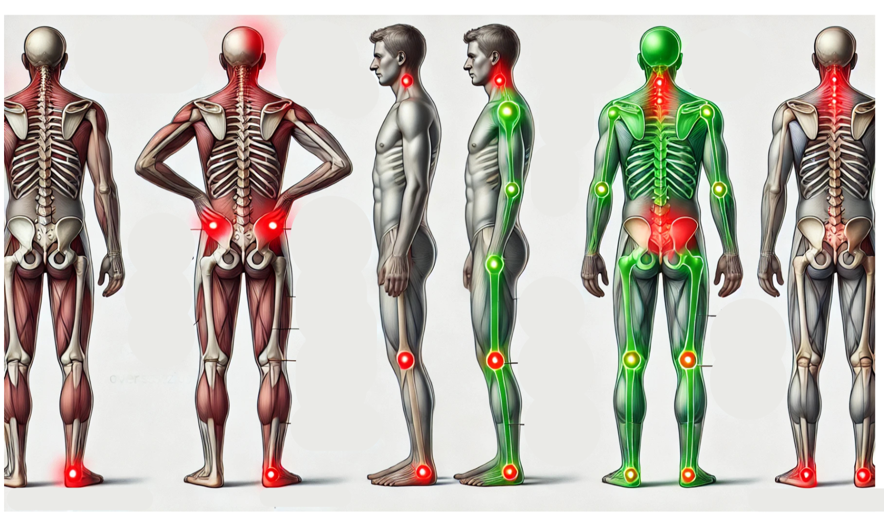 Diagram showing muscles and joints of the human body with highlighted points indicating pain or issues in the neck, lower back, knees, ankles, and shoulders.