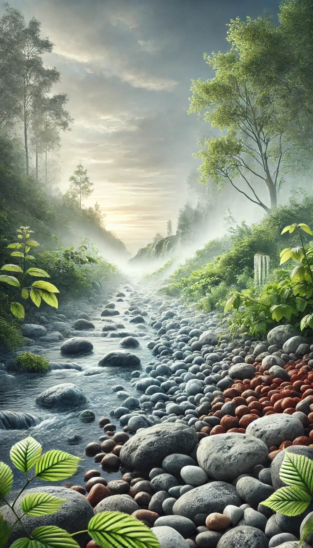A serene mountain stream flowing through a lush green forest with mist, rocks, and waterfalls.