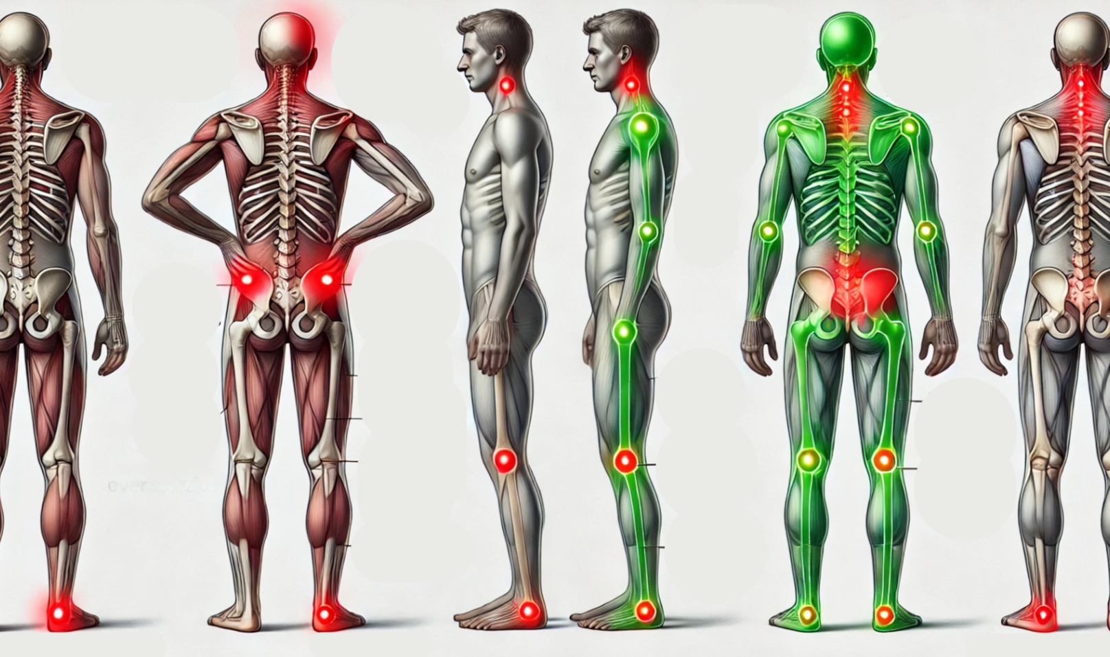 Diagram showing different human bodies with highlighted pain points, including the head, neck, shoulder, lower back, knee, ankle, and foot, with some areas marked in red and others in green.