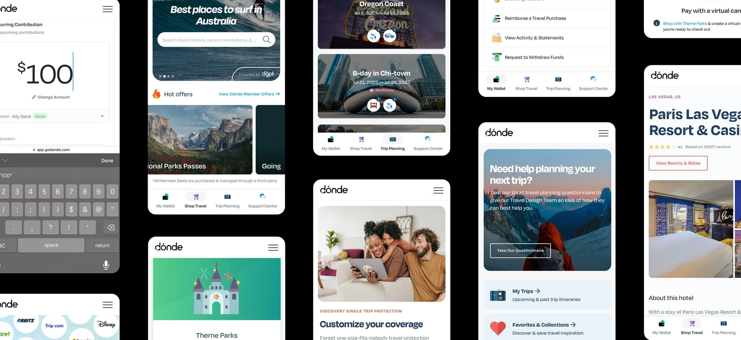 Screenshots of a travel planning app with various features including booking trips, browsing destinations, viewing hotel options, and managing travel budgets.