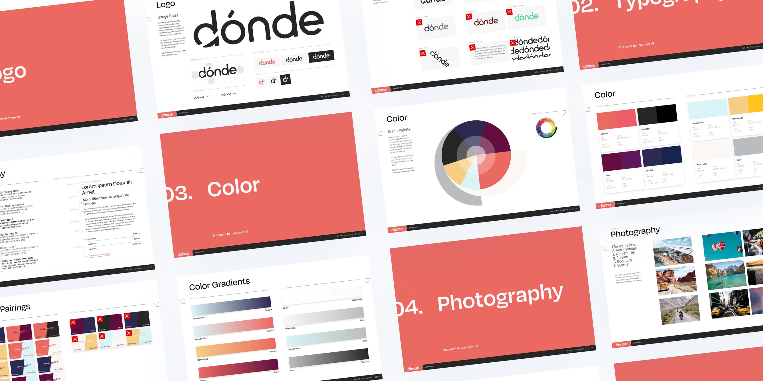 A screenshot of a branding guide or presentation with sections on logo, color, and photography, featuring color palettes, logo variations, and sample photographs.
