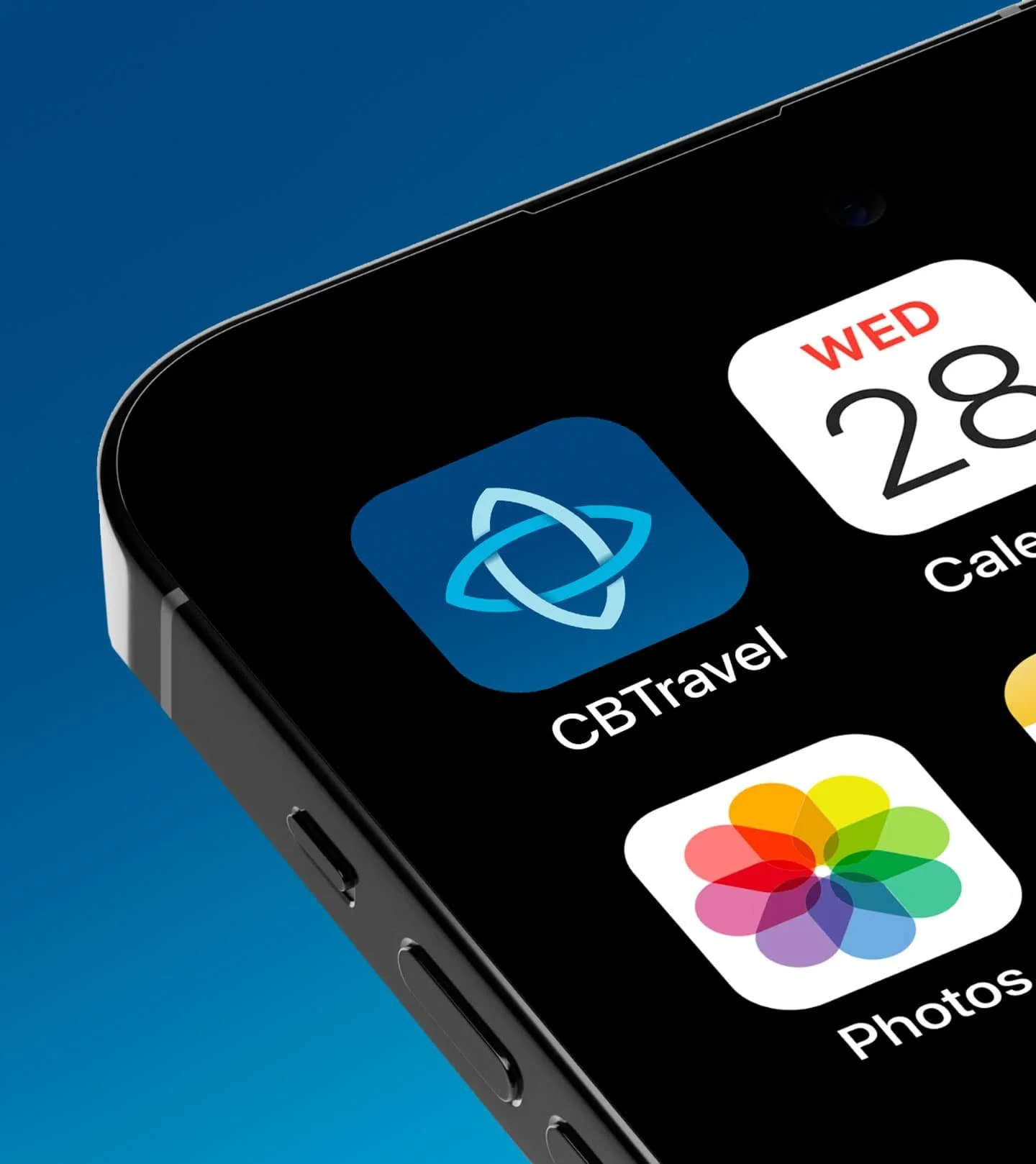 Close-up of a smartphone screen displaying app icons, including CBTravel, Calendar with date Wednesday 28, and Photos with a colorful flower icon, against a blue background.