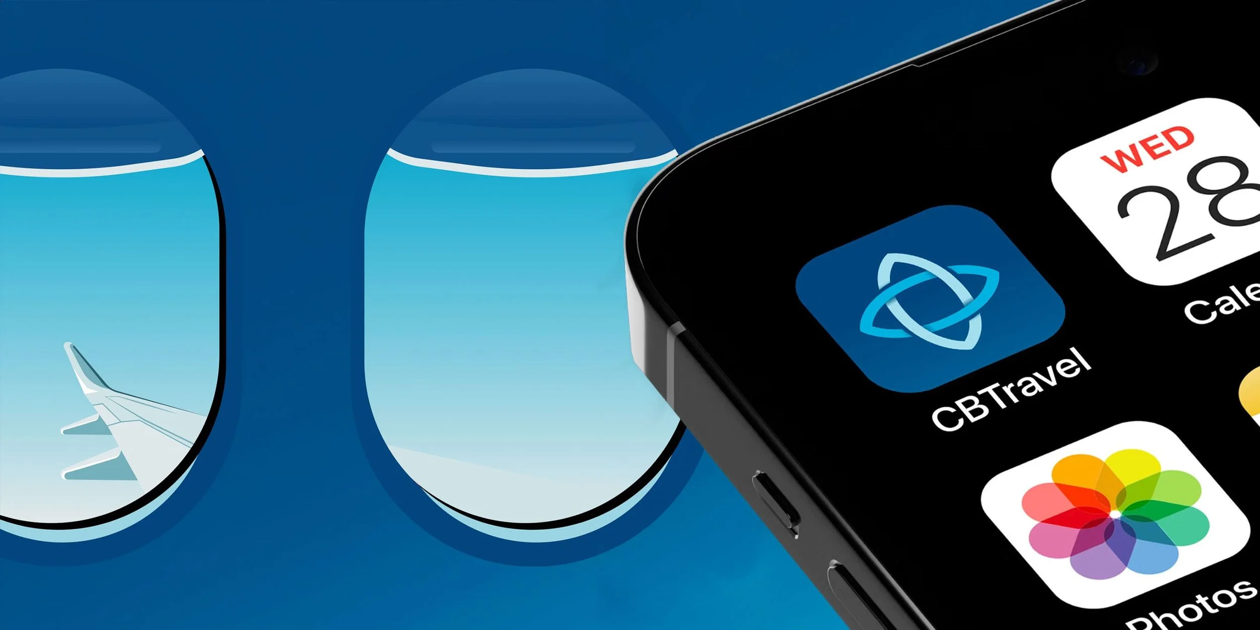 Digital illustration of an airline window showing an airplane tail against a blue sky, with a smartwatch displaying travel, calendar, and photos icons on a person's wrist in the foreground.