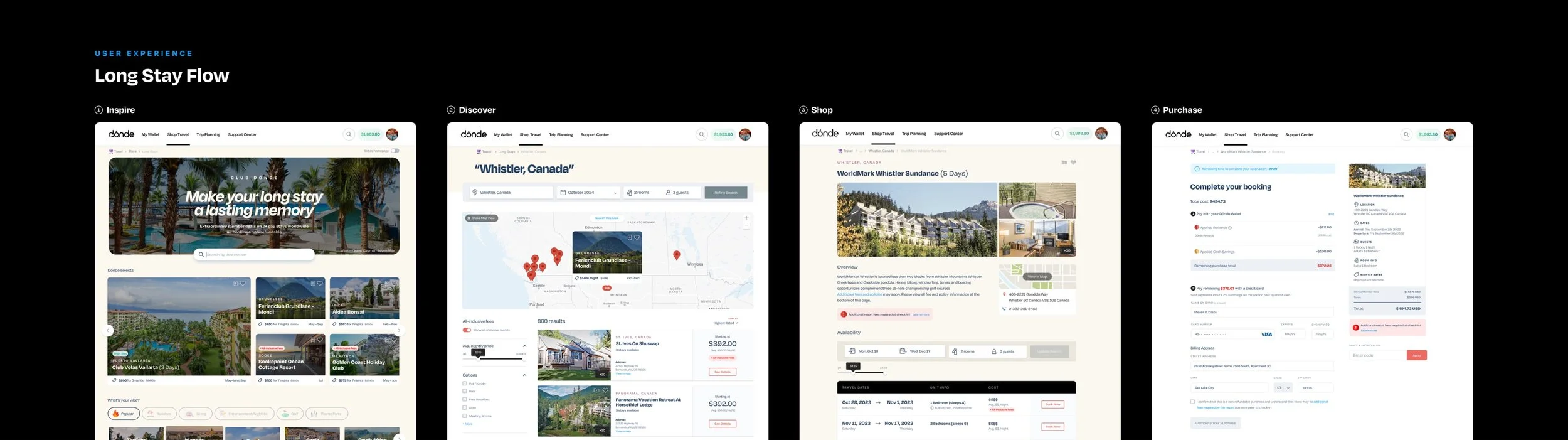 Screenshots of a travel booking website showing search options, property listings, and booking details.