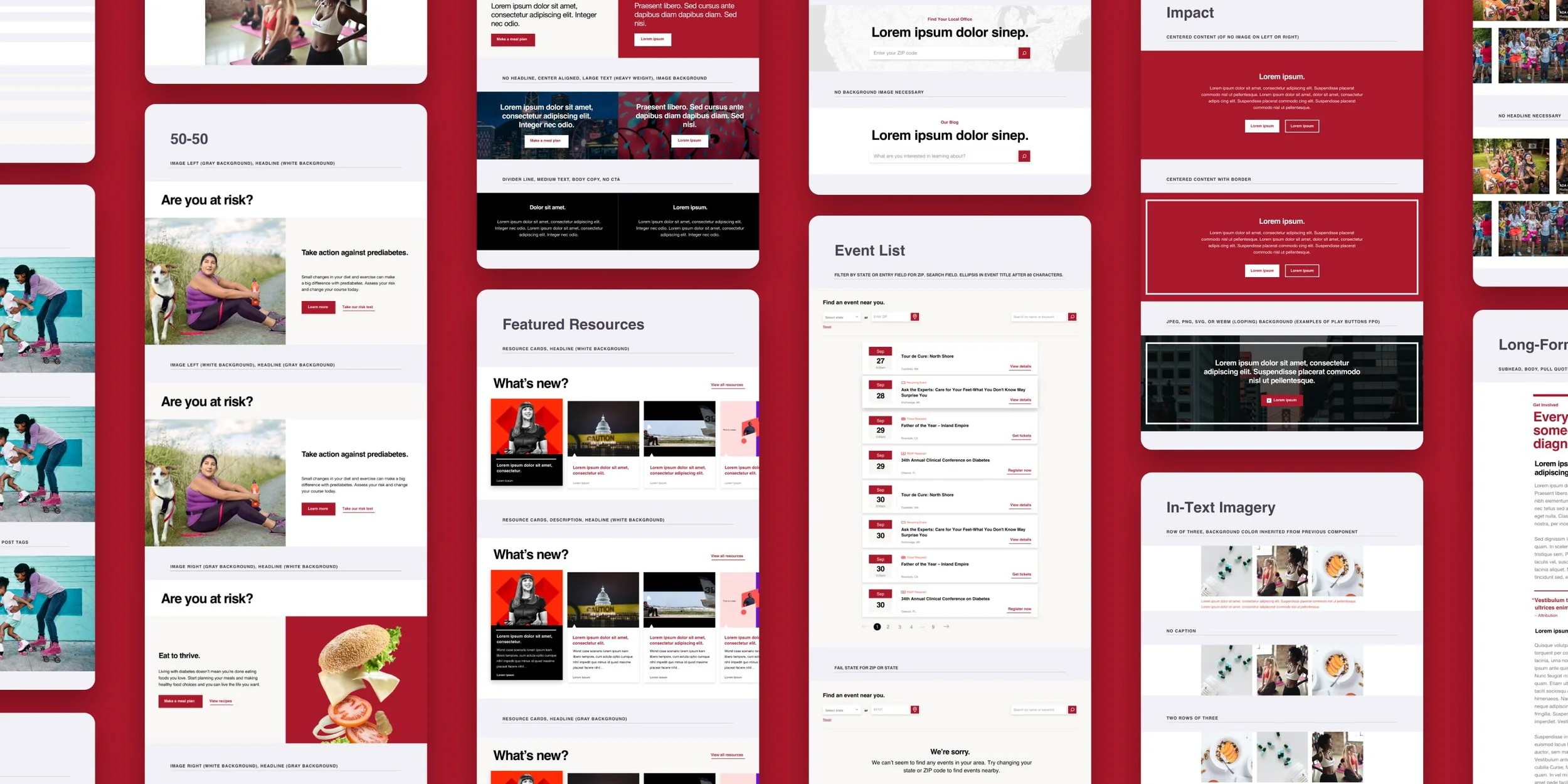 A collage of multiple website blog and event pages with red, white, black, and gray color themes, featuring text, images of people, and icons related to health, fitness, and community events.