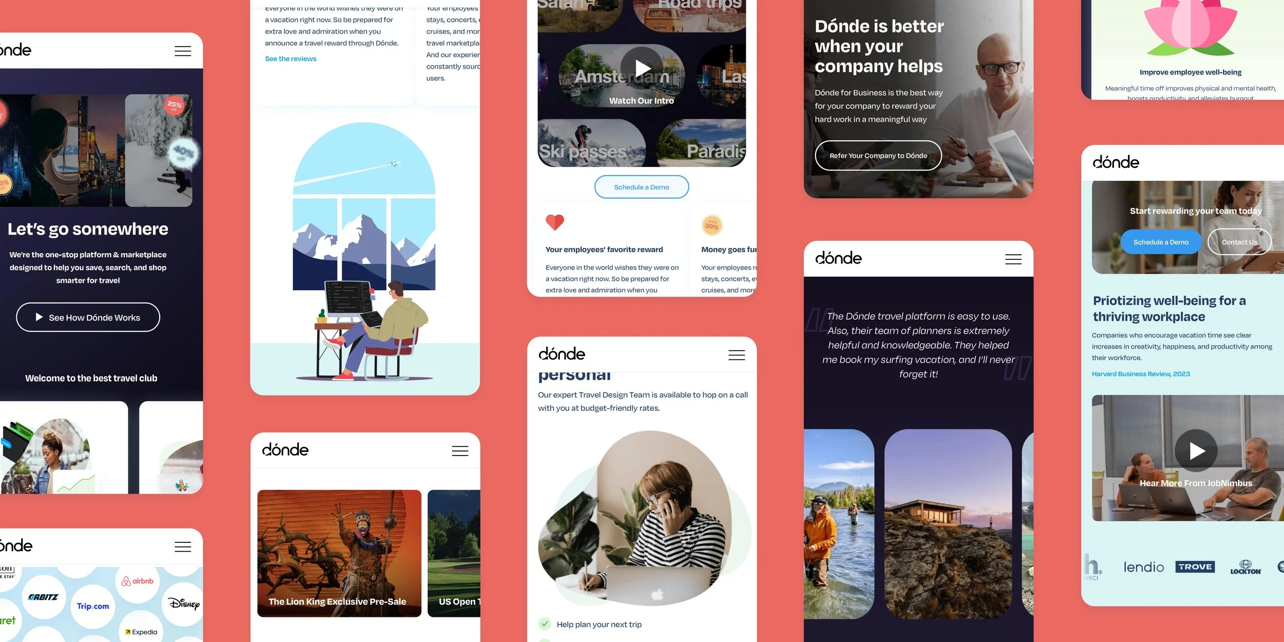 A collage of various travel-related website screens showcasing travel platforms, itineraries, and booking options with images of landscapes, people, and icons.