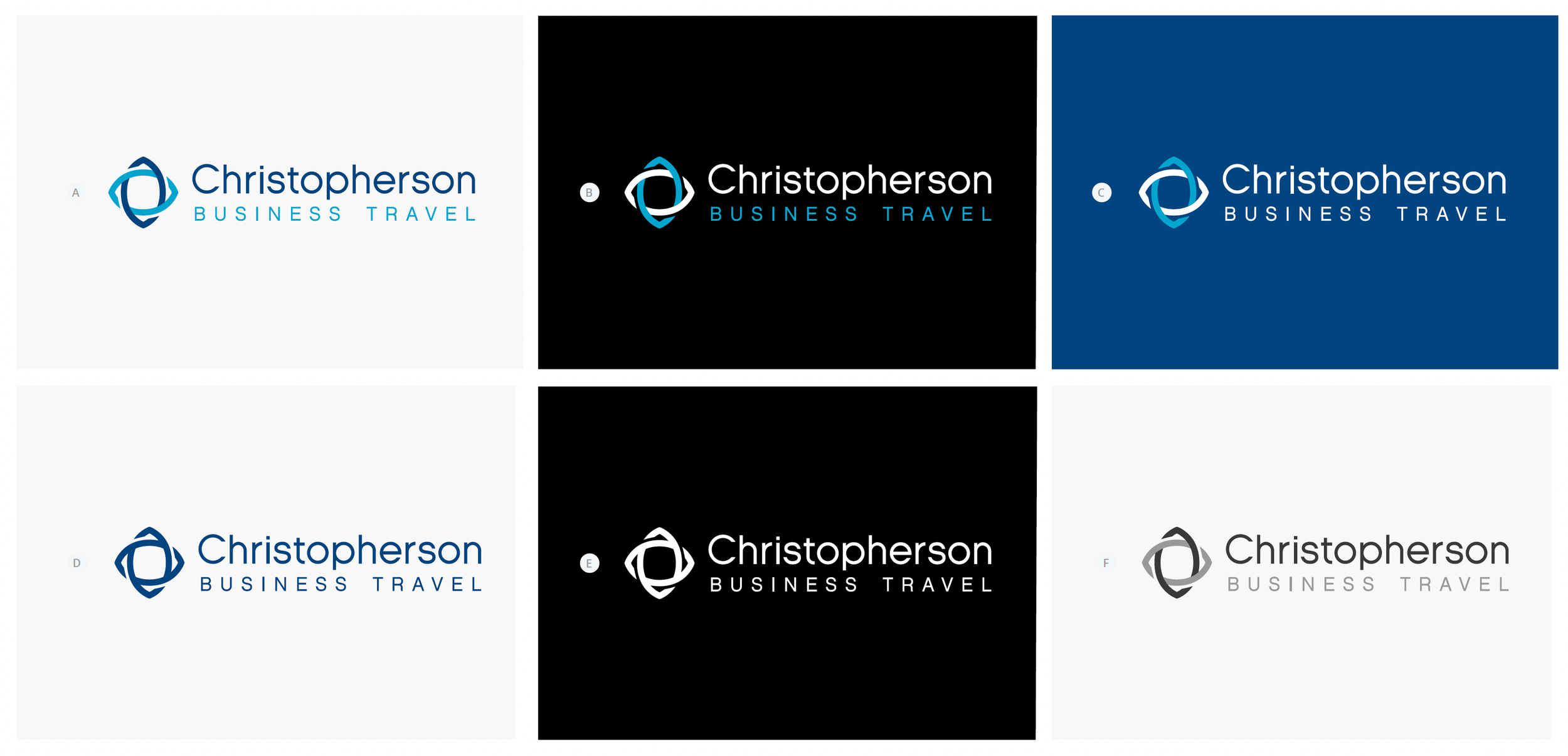 Six variations of a logo for 'Christopherson Business Travel' in different color schemes and styles.