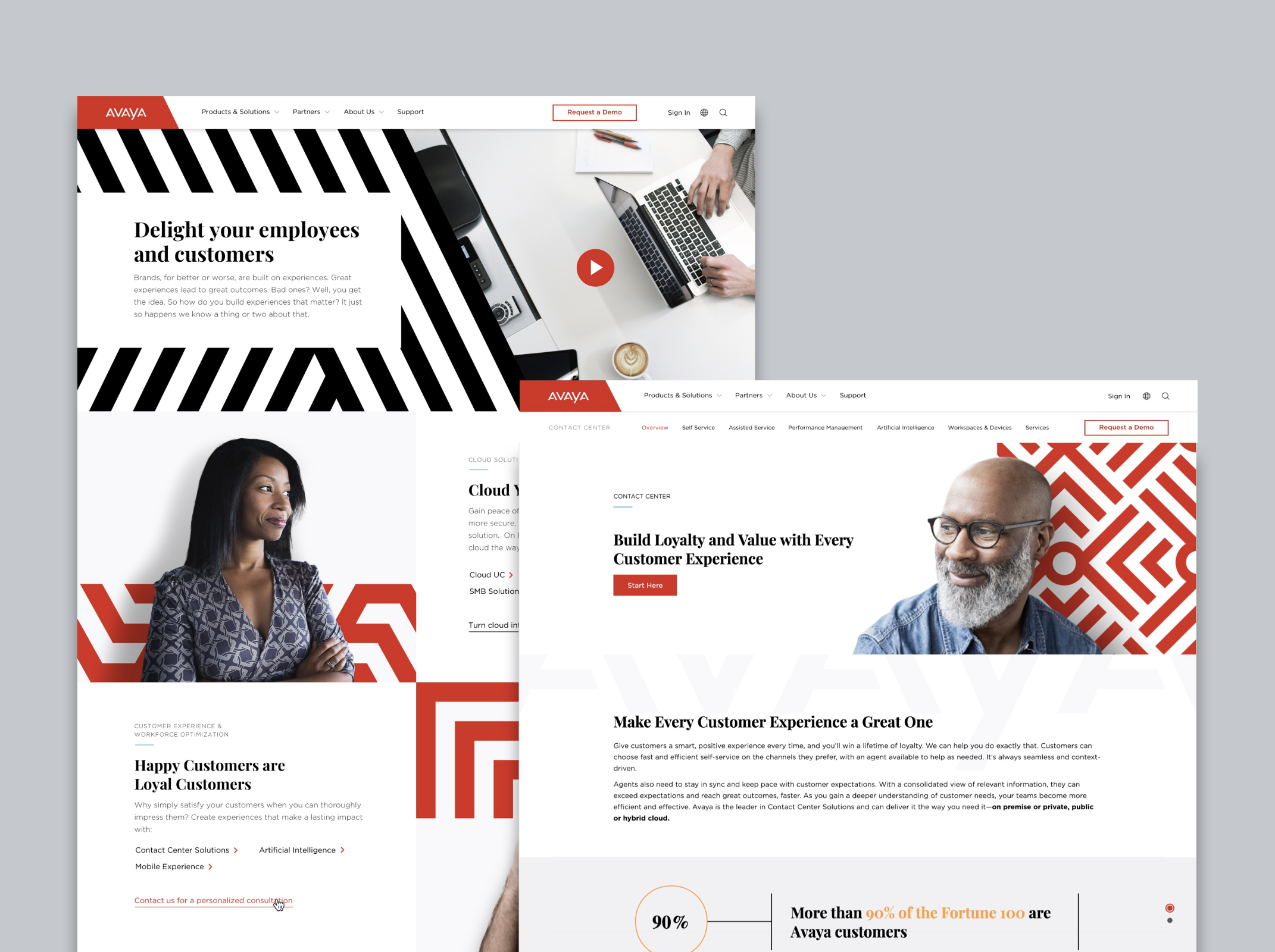 Collage of two website homepage screenshots for Avaya with images of diverse people, product descriptions, and navigation menus.