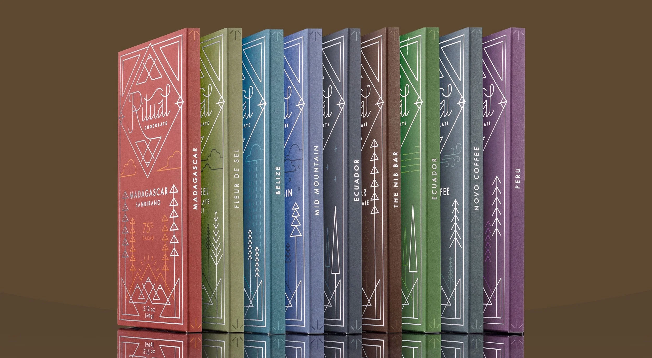 Colorful chocolate bar packaging arranged in a row with varied colors from red to purple, featuring geometric designs and text that indicates flavors from Madagascar to Peru.