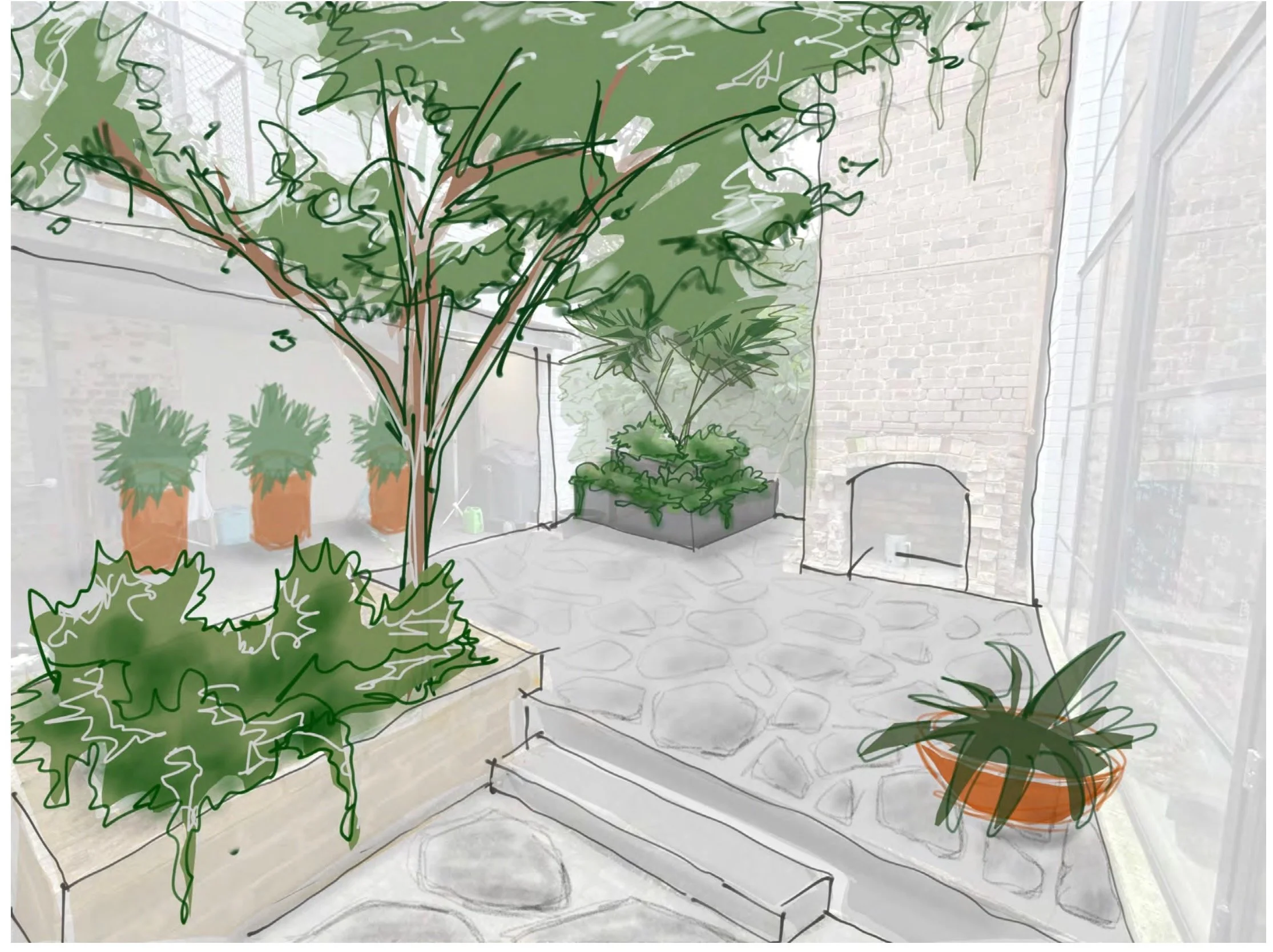 A hand-drawn sketch design of an inner city Sydney courtyard with potted plants, a raised garden bed, a stone tiled pathway, and a brick wall, with a partial view of a glass door.