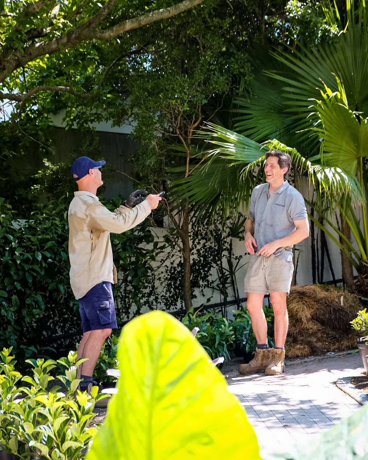 Two men standing outdoors in a garden, one holding a phone and the other smiling and laughing, surrounded by green plants and trees.