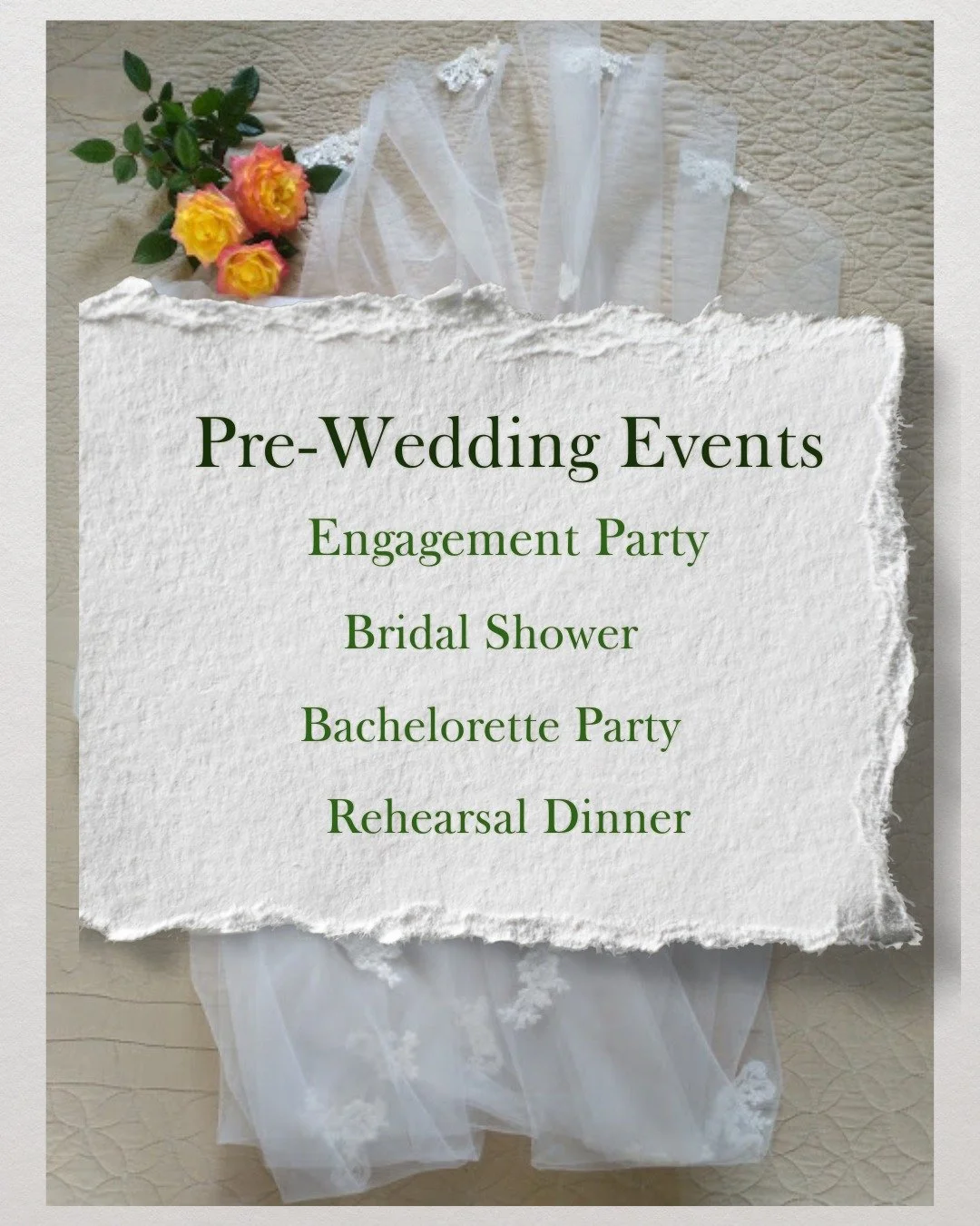 Did you know about this before planning your wedding?

There are 4 pre-wedding events most couples attend.

~ Engagement Party
~ Bridal Shower ( just bride or coed)
~Bachelorette Party
~Rehersal Dinner

It is something to keep in mind when your plann