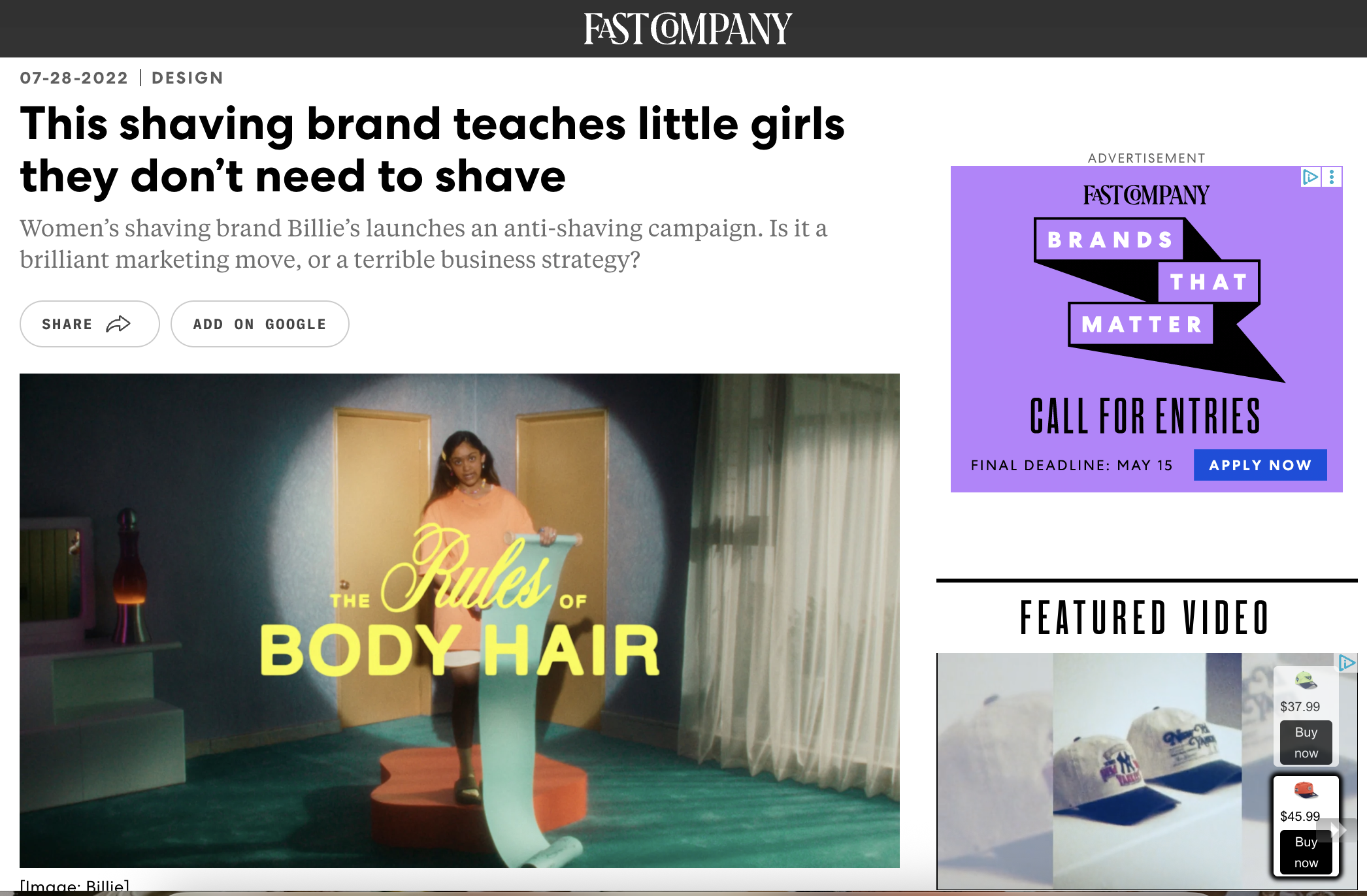Billie "The Rules of Body Hair" Campaign in Fast Company