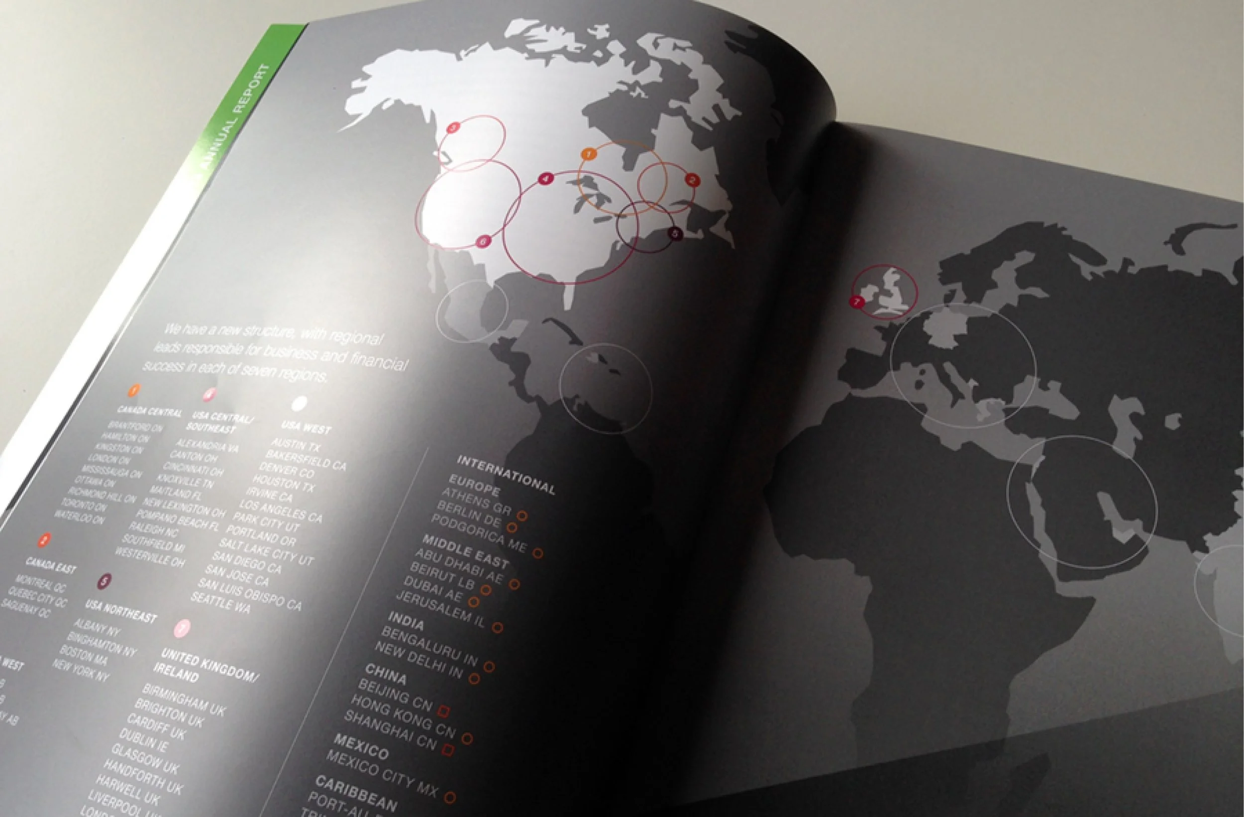 Sample Spread: Information graphic featuring global services and office locations.