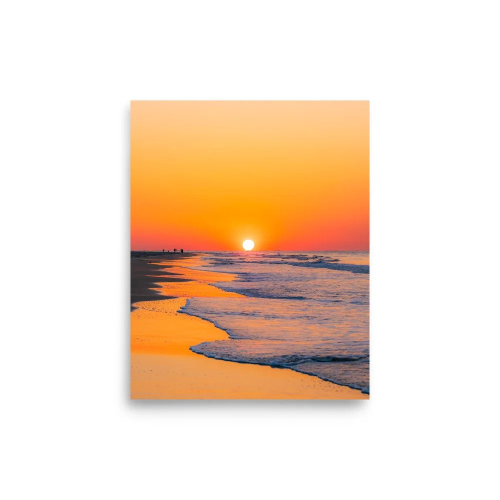 Lowcountry beach sunrise with glowing orange sky over ocean waves - fine art photography print by Palm Social