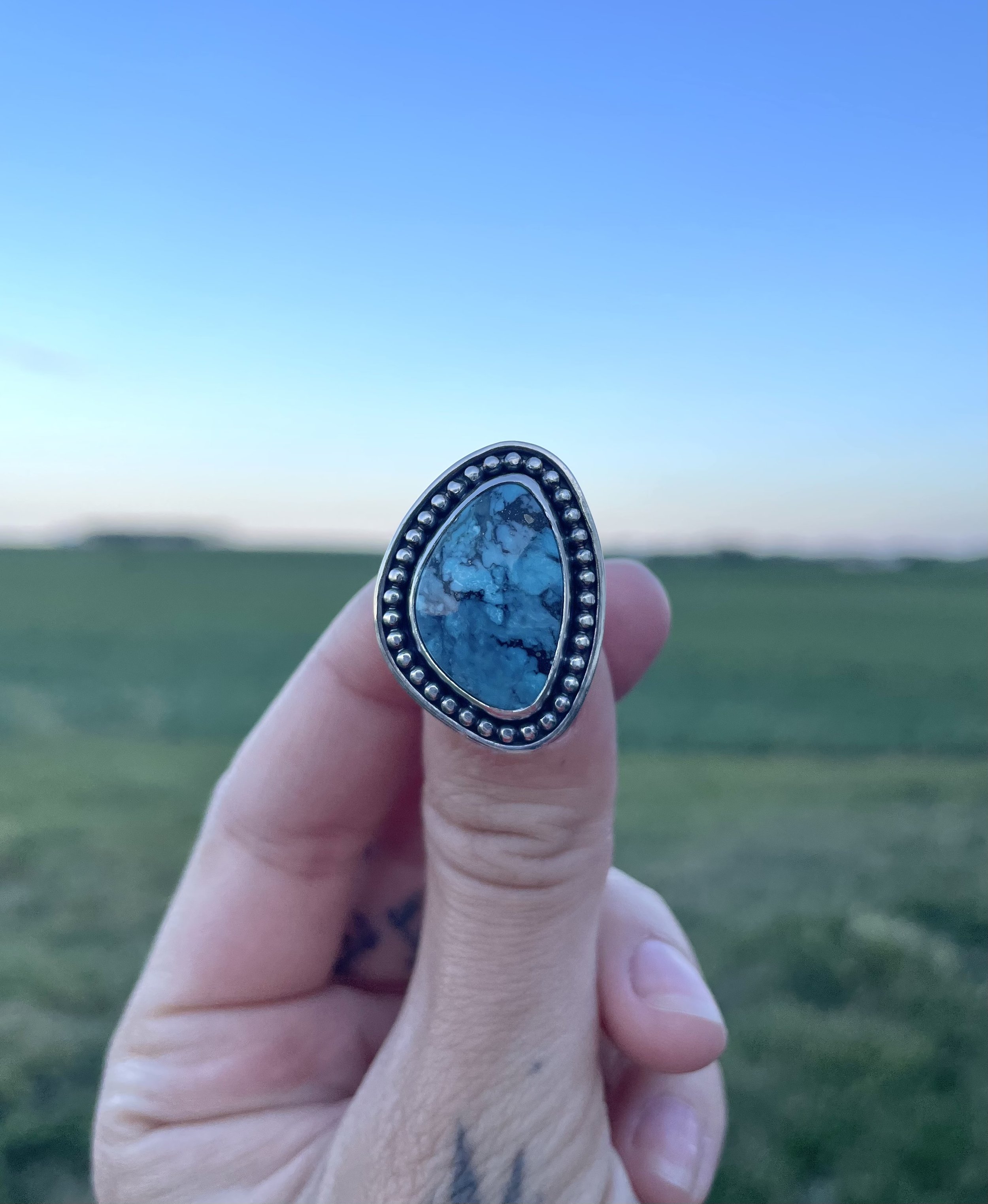 Sky Blue Beaded Halo Turquoise Ring