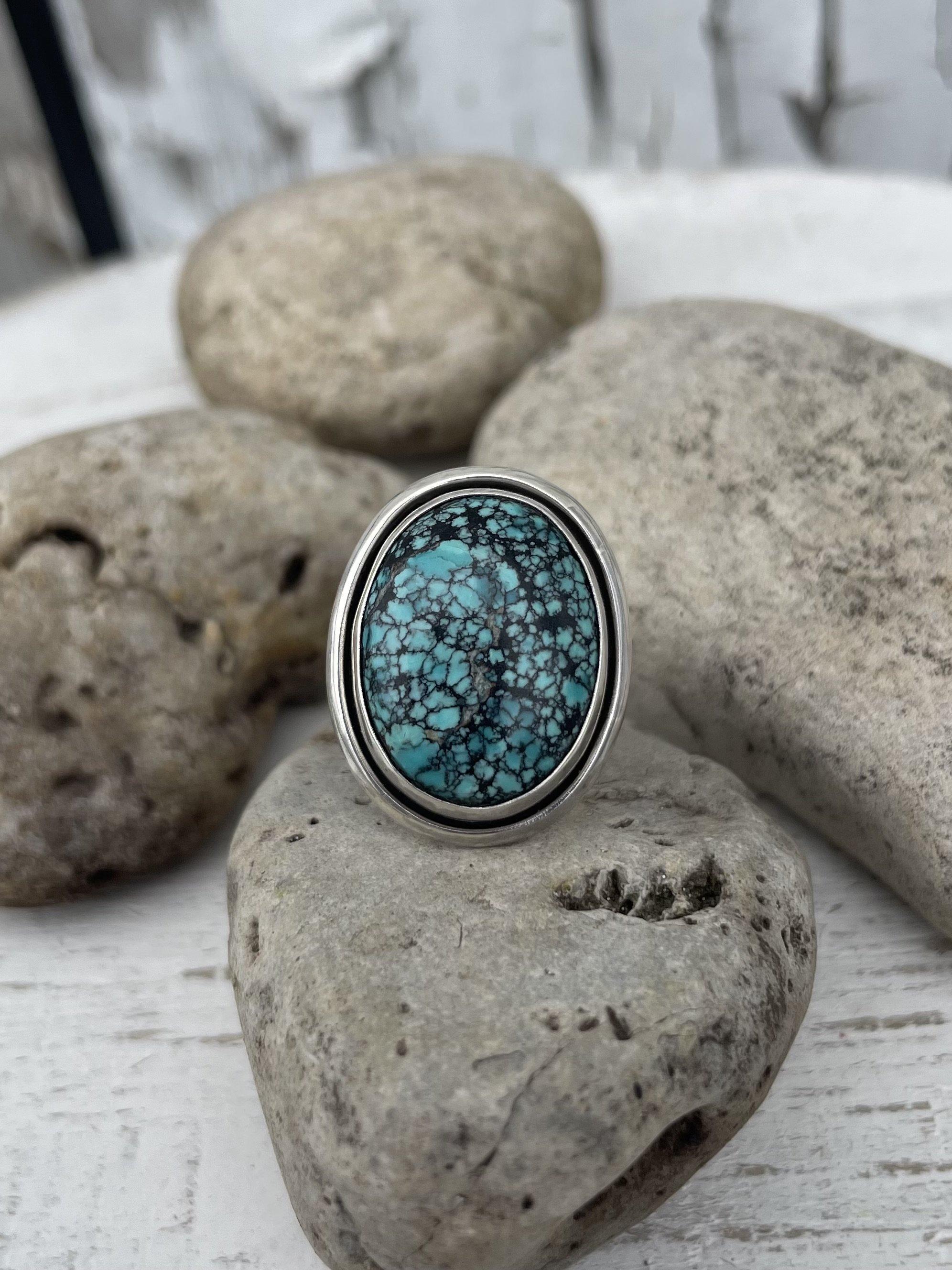 Oval Turquoise with Thick Silver Halo