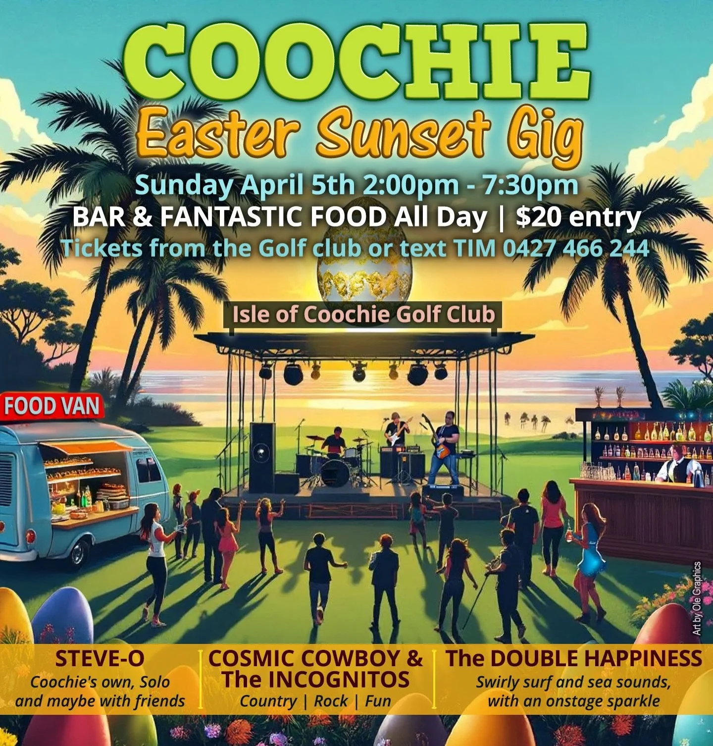 🌅Lots happening on the island this Easter! 
Like this event, the Coochie Easter Sunset Gig, a live music, 3 bands:

🎶Steve-O | Coochie&rsquo;s own, solo (and maybe with some friends)

🎶Cosmic Cowboys &amp; The Incognitos | Country, rock, fun

🎶Th