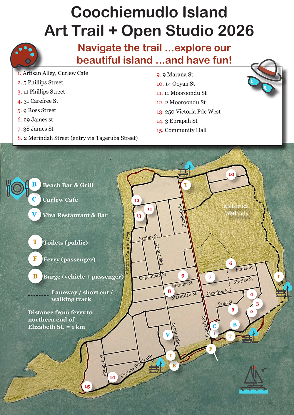 Street map of Coochiemudlo Island outlining the 15 open studios taking part in the 2026 Art Trail.