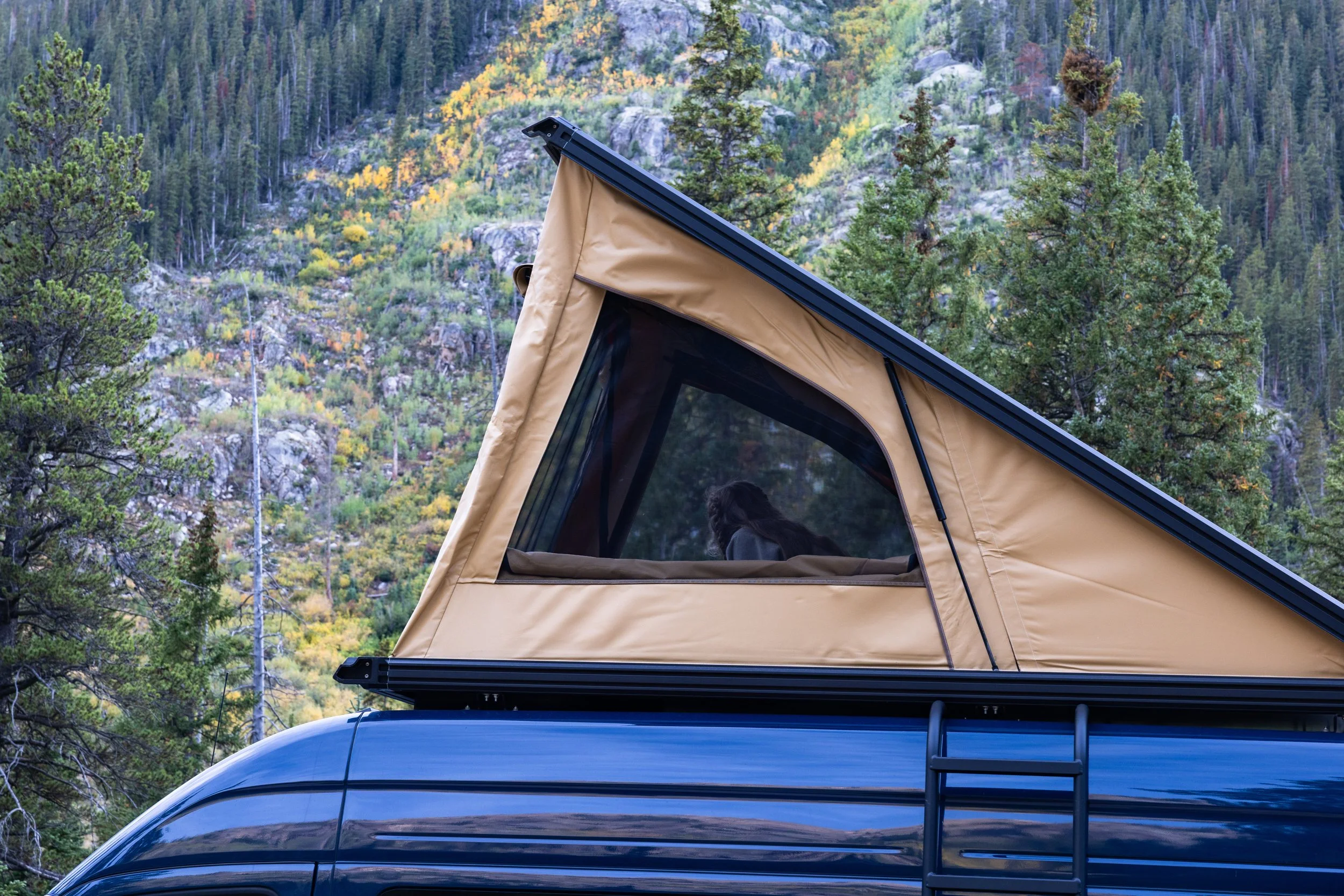 An overland vehicle with a rooftop tent set up among trees and mountains in the background.