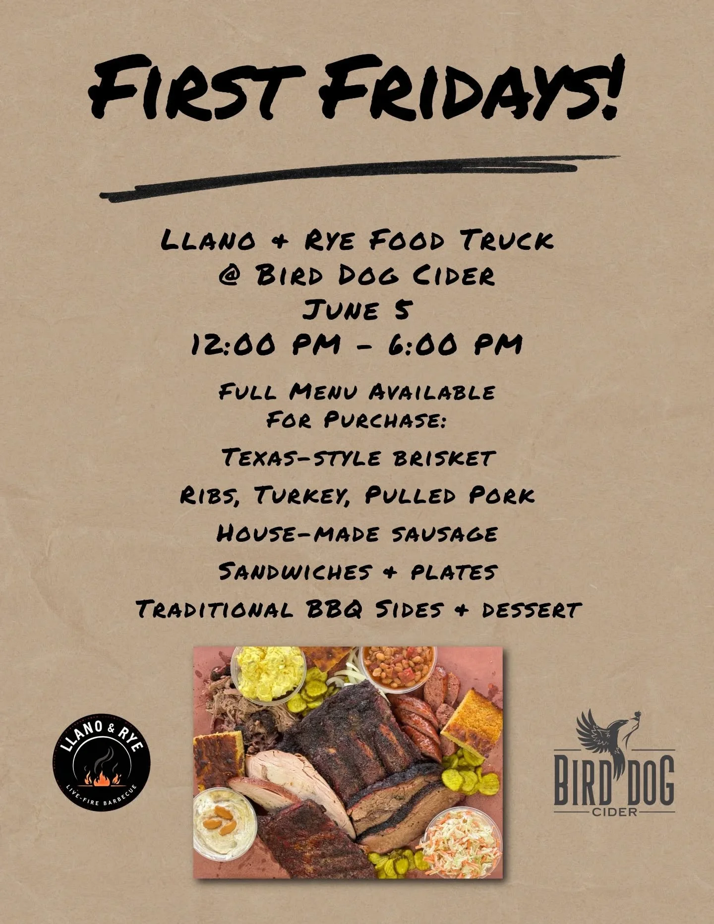 THIS FRIDAY! Our first First Fridays with @llanoandryebbq food truck. Serving lunch through dinner noon to 6 PM. 

Bring the family and friends and enjoy delicious locally made food and dry cider in a beautiful setting. Live music, too. 

Planned for