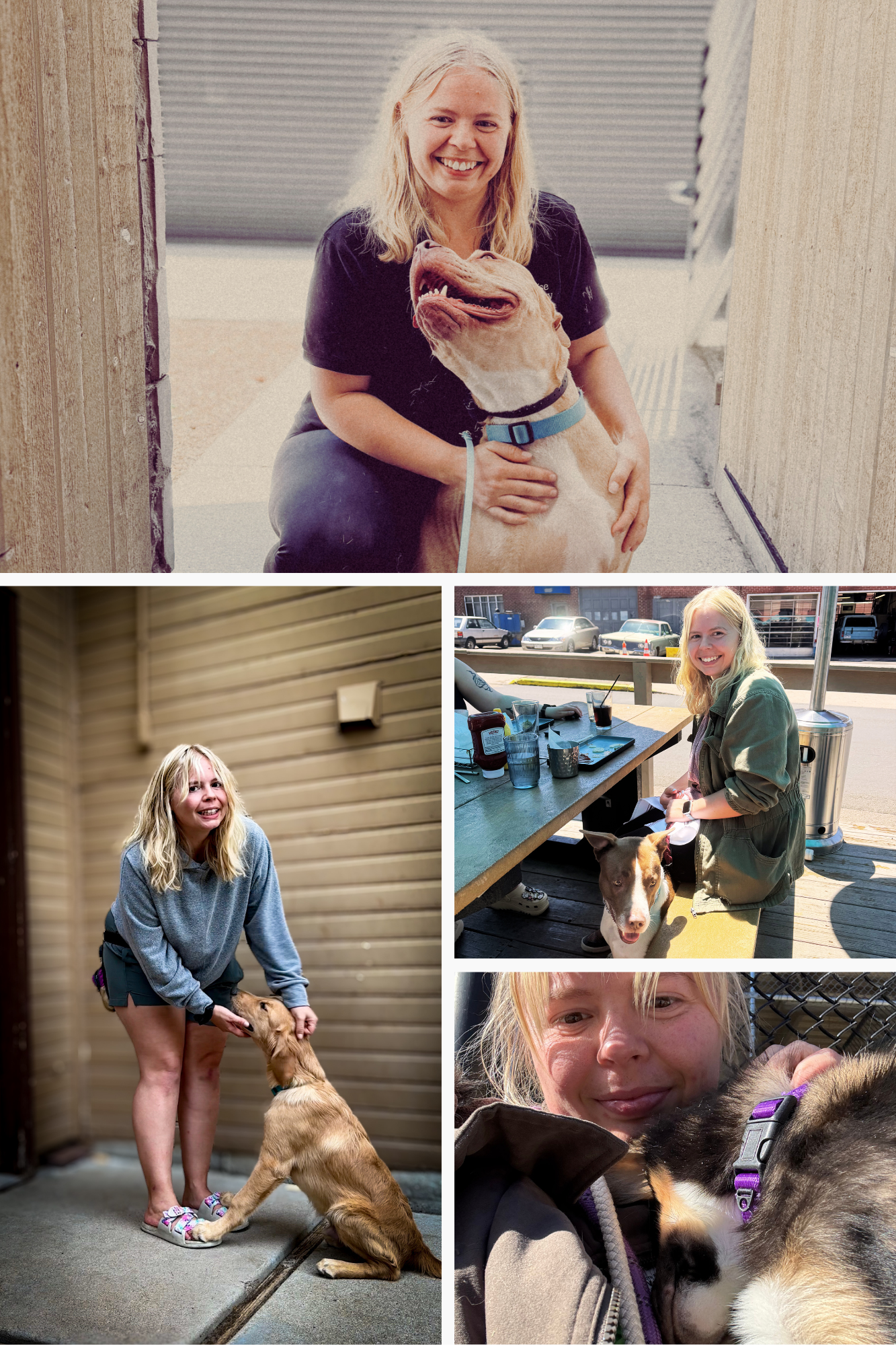 A collage of four photos featuring a young woman with blonde hair and dogs in various settings: sitting in a doorway with a large dog, standing indoors with a dog, sitting outside at a restaurant with a dog, and taking a close-up selfie with a different dog.