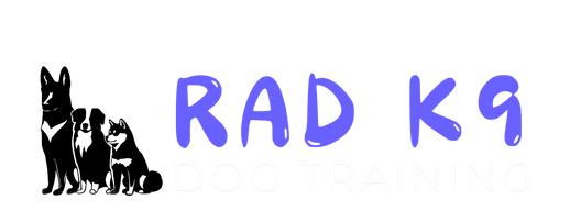Logo for RAD K9 Dog Training featuring black and white illustrations of dogs and purple and white text.