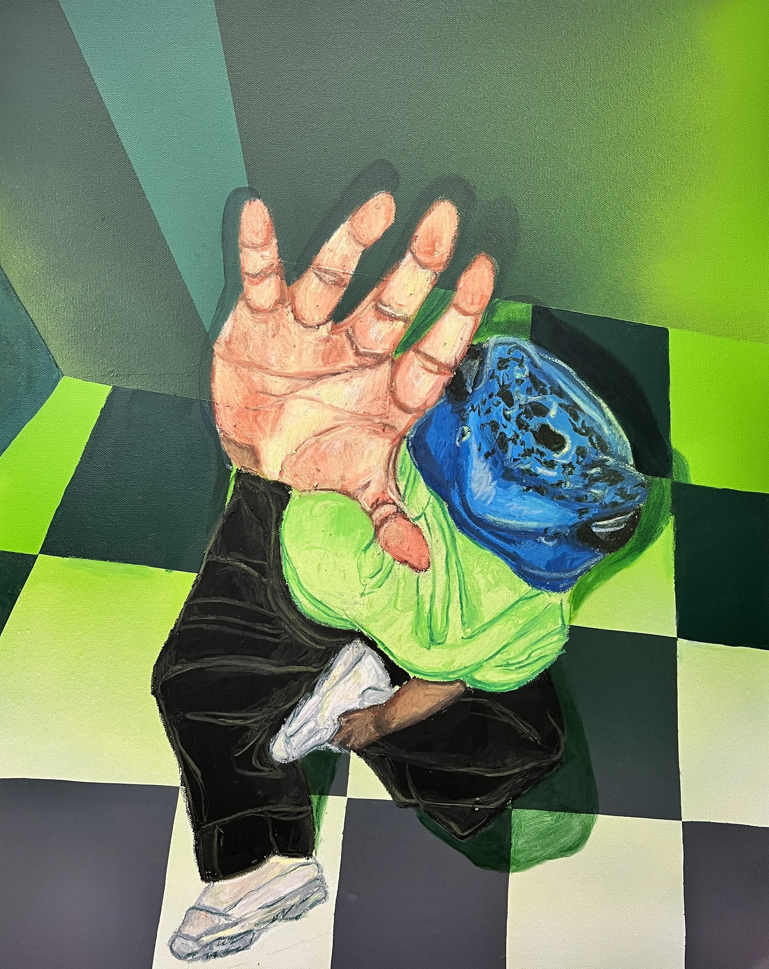 “Big Frog in a Small Pond”  2023, Acrylic paint, oil pastel, and spray paint on canvas, 24”x30” $300