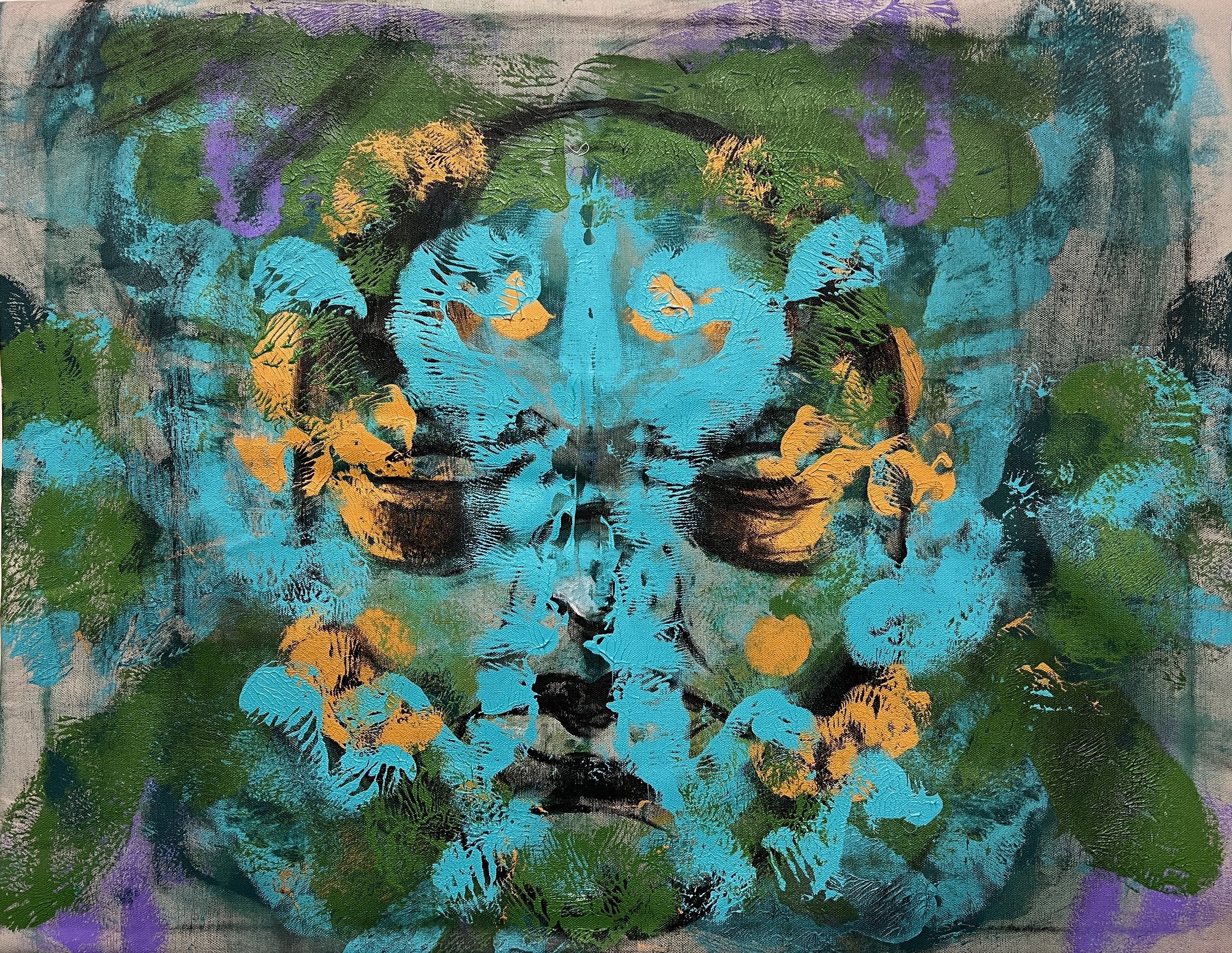 "Interlopers" 2023, Acrylic paint, charcoal, and oil pastels on canvas, 24"x30" $200