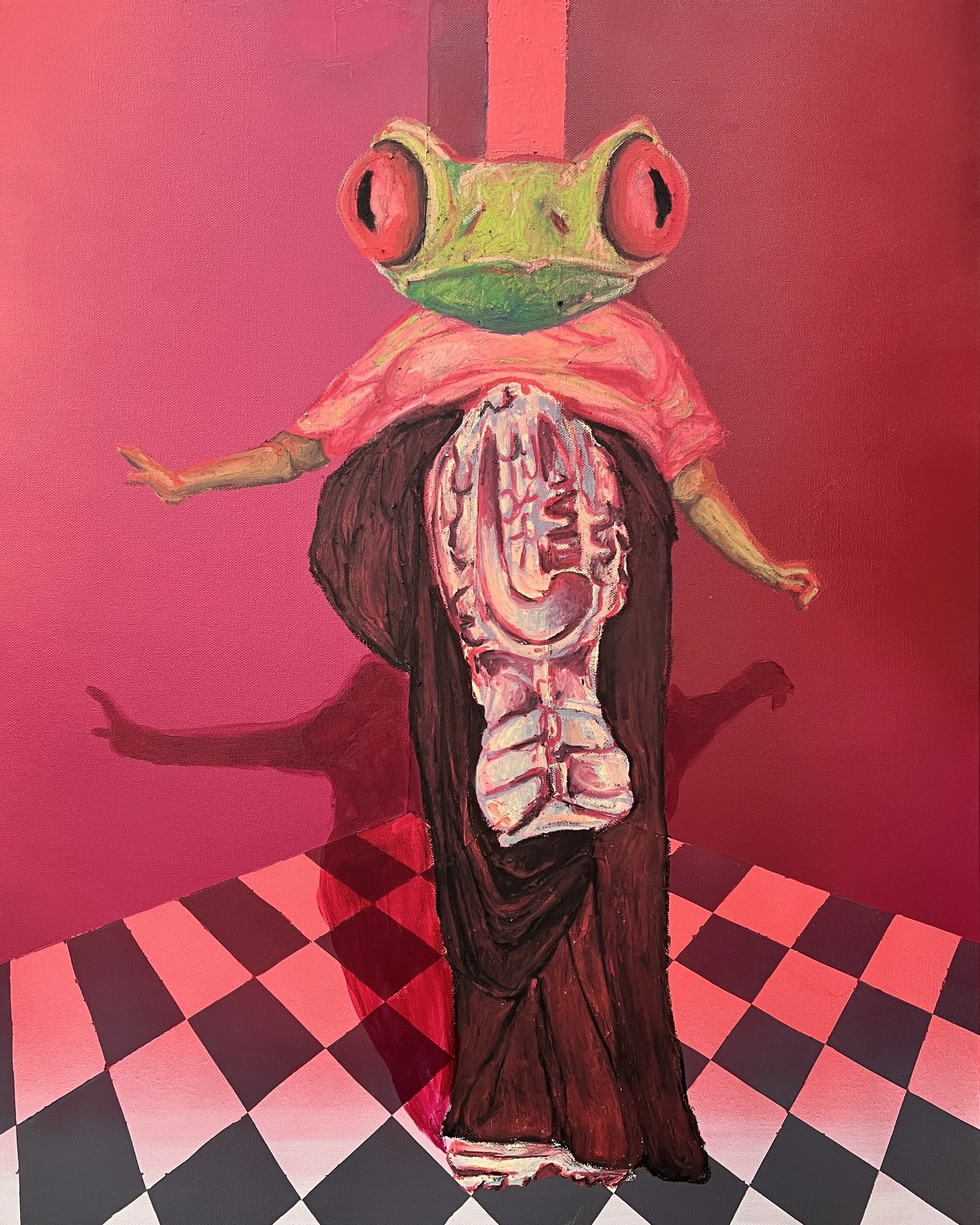“The Frogmarch” 2023, Acrylic paint, oil pastel, and spray paint on canvas, 24”x30” $300