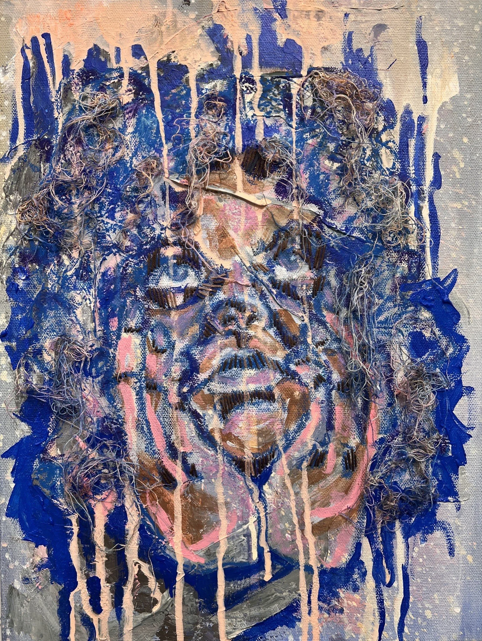 “Imposters” Triptych, 2022, Acrylic paint, oil pastel, and embroidery floss on canvas, 12”x16” $200