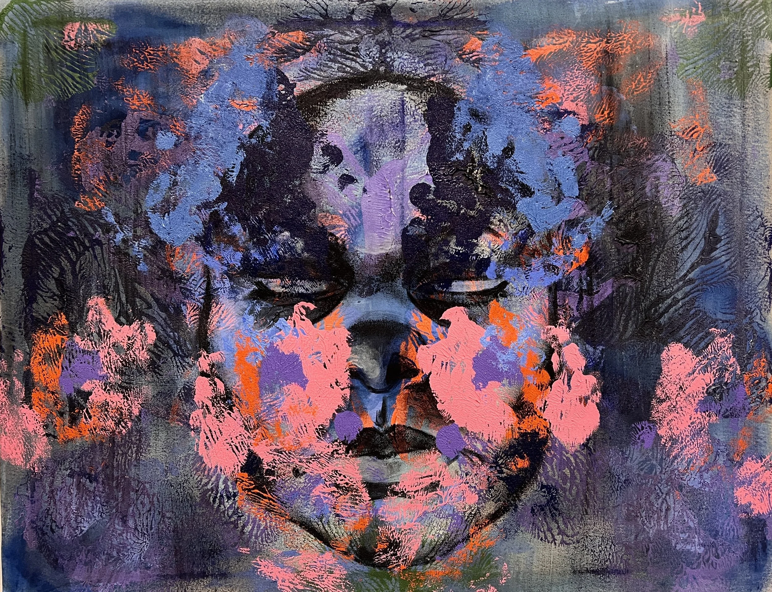 "Interlopers" 2023, Acrylic paint, charcoal, and oil pastels on canvas, 24"x30" $200