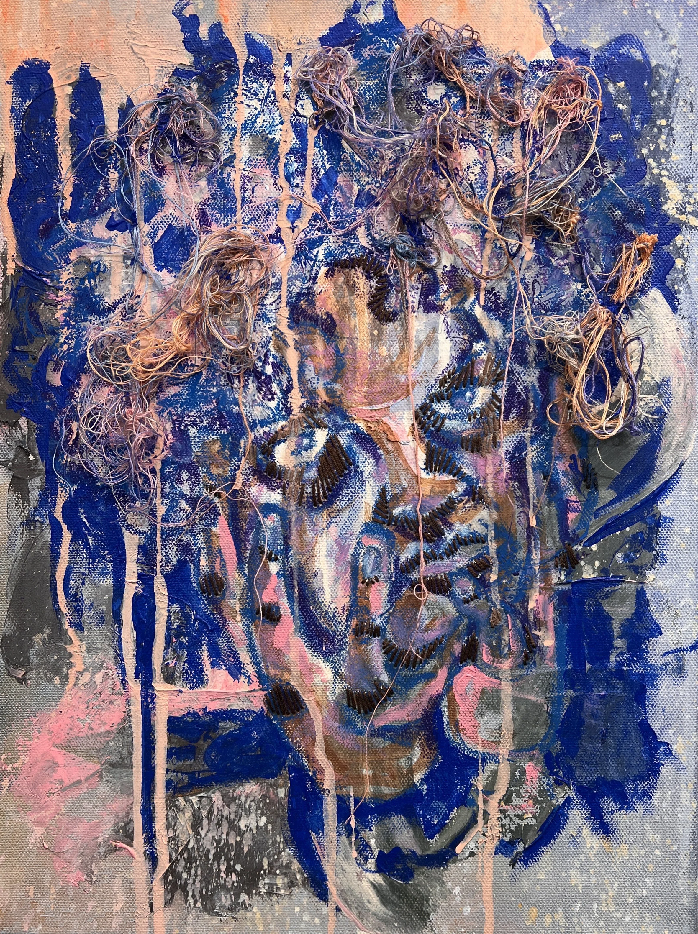 “Imposters” Triptych, 2022, Acrylic paint, oil pastel, and embroidery floss on canvas, 12”x16” $200